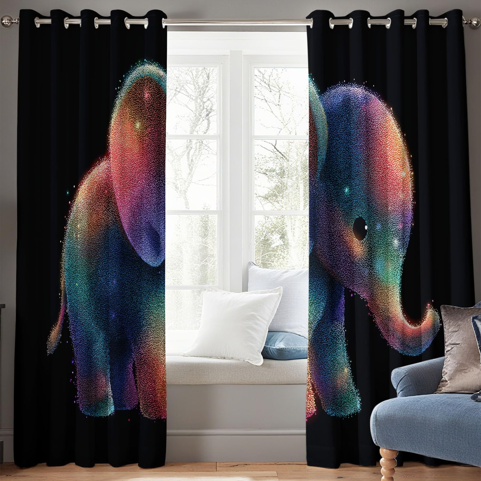 Genérico Cortinas de Ventana con Estampado de Lindo Dibujo Animado Arcoíris Elefante Bebé, 2 Piezas Negro Cortina Opacas con Ojales para Sala de Estar y Dormitorio - 140 x 260 cm (An x Al)