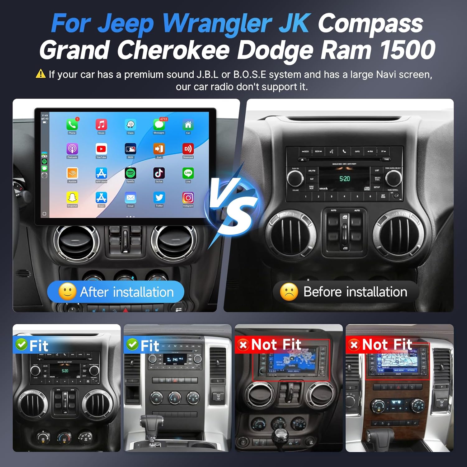 Naifay 8Core 4G+64G Android 13 Car Stereo for Jeep Wrangler Dodge Ram Radio Upgrade, 2K 13.1 Inch Screen for JK Compass Car Stereo with Carplay Android Auto Bluetooth GPS Navigation SWC+Canbus