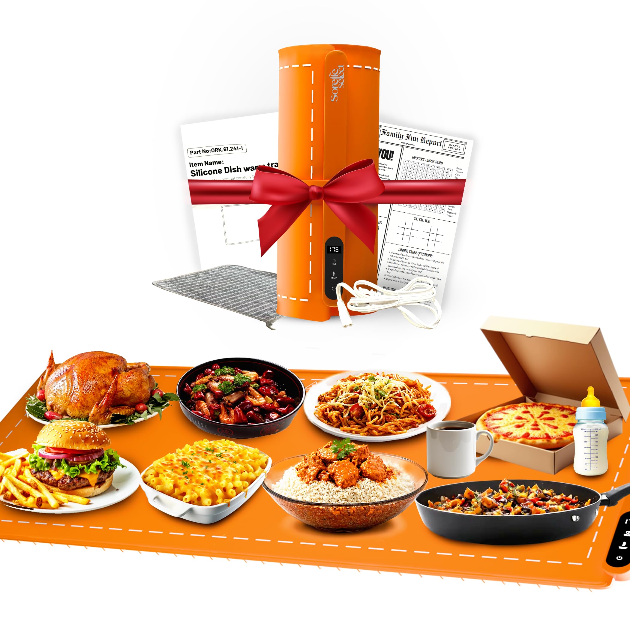 SORELLE SELECT -EXTRA LARGE Foldable Food Warming Mat - Electric Heating Tray, 6 Level Temperature, Extended 10ft Power Cord, Portable Food Warmer for Buffets, Parties, Travel, Home Use (Bright Brown)