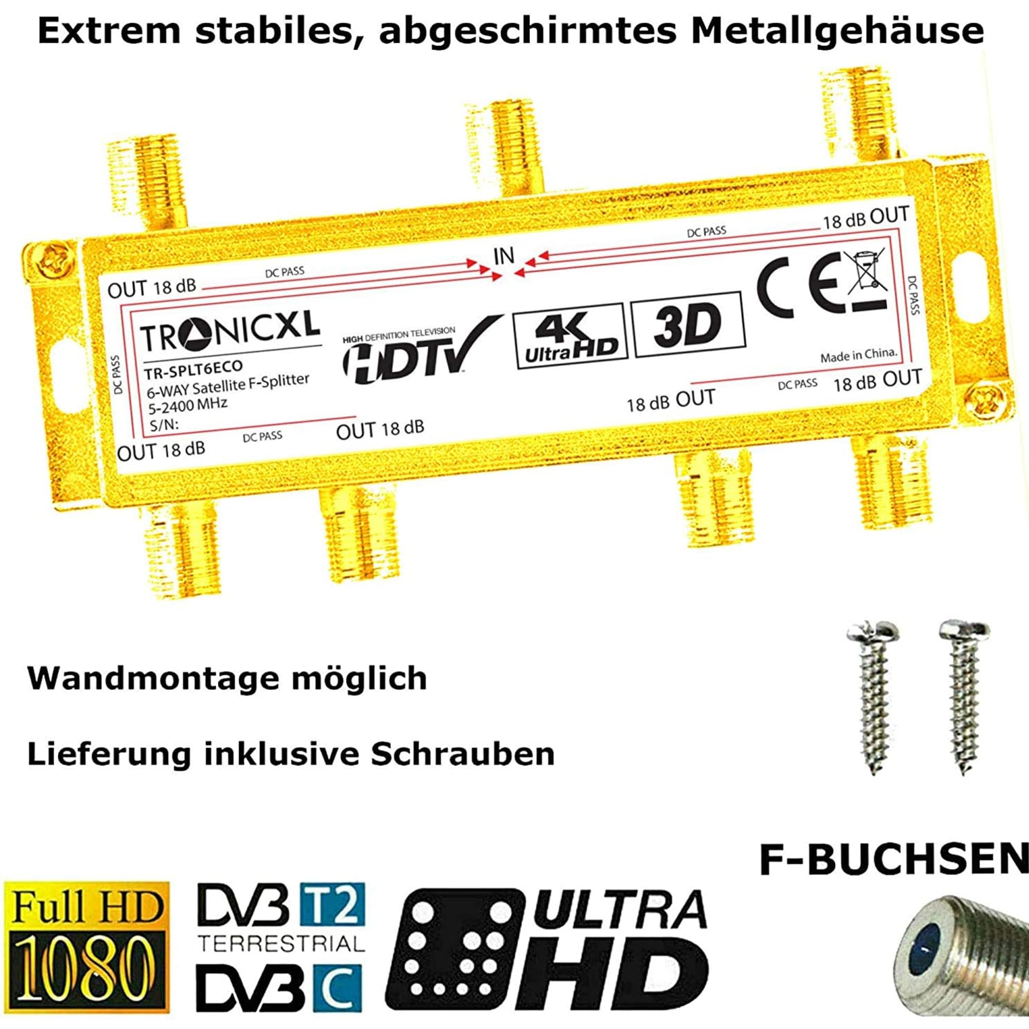 TronicXL Rozdzielacz antenowy 4K 6-krotny 3D HD kompatybilny z IEC rozdzielacz TV SAT rozdzielacz 6-krotny F-Stecvker + kabel + adapter koncentryczny do telewizji kablowej DVBC DVBT2 kompatybilny z