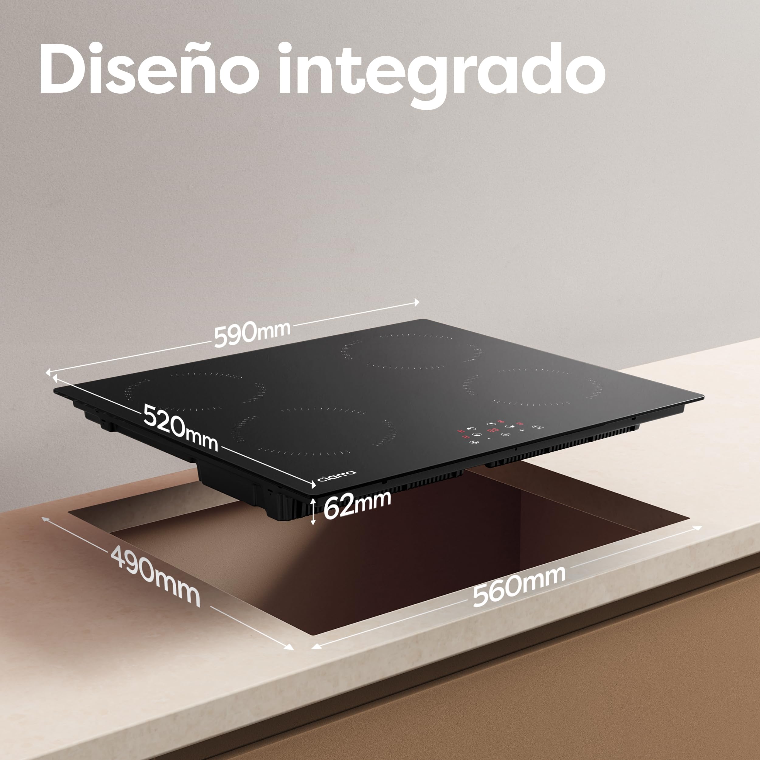 Ciarra Placa Vitroceramica Induccion 60 cm 4 Zonas CABBIH4-A | Limitador de Potencia 2,8/3,5/6kW, Bloqueo Infantil, Detector de Recipientes, Calor Residual, Apagado Automático