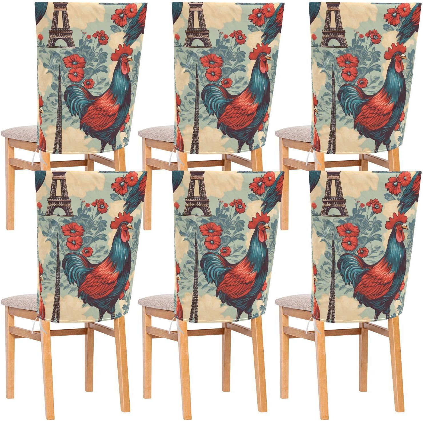 ALAZA Eiffel Tower Flowers Rooster Chair Back Cover Set of 6, Washable Reusable Removable Chair Slipcovers Decorative Chair Cover for Home Kitchen Wedding Party