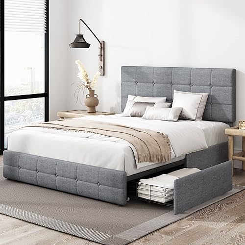 Keyluv Moderna base de cama tapizada con 4 cajones de almacenamiento, cama de plataforma con diseño de cabecera capitoné de botón ajustable, soporte