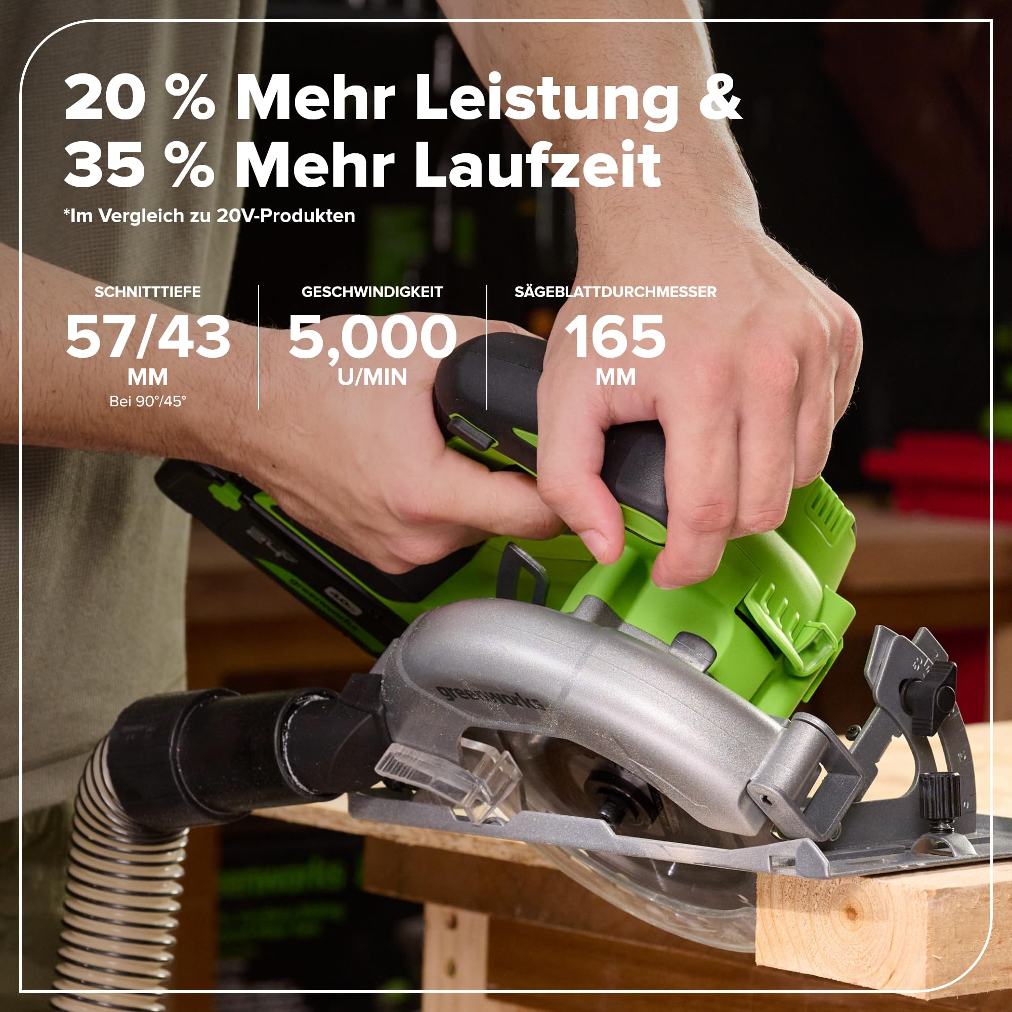 Greenworks 24 V, bezszczotkowa pilarka tarczowa 165 mm, 5000 obr./min, 20 mm brzeszczot, regulowana głębokość cięcia 45°/90°, światło LED, bez baterii i ładowarki CRG404