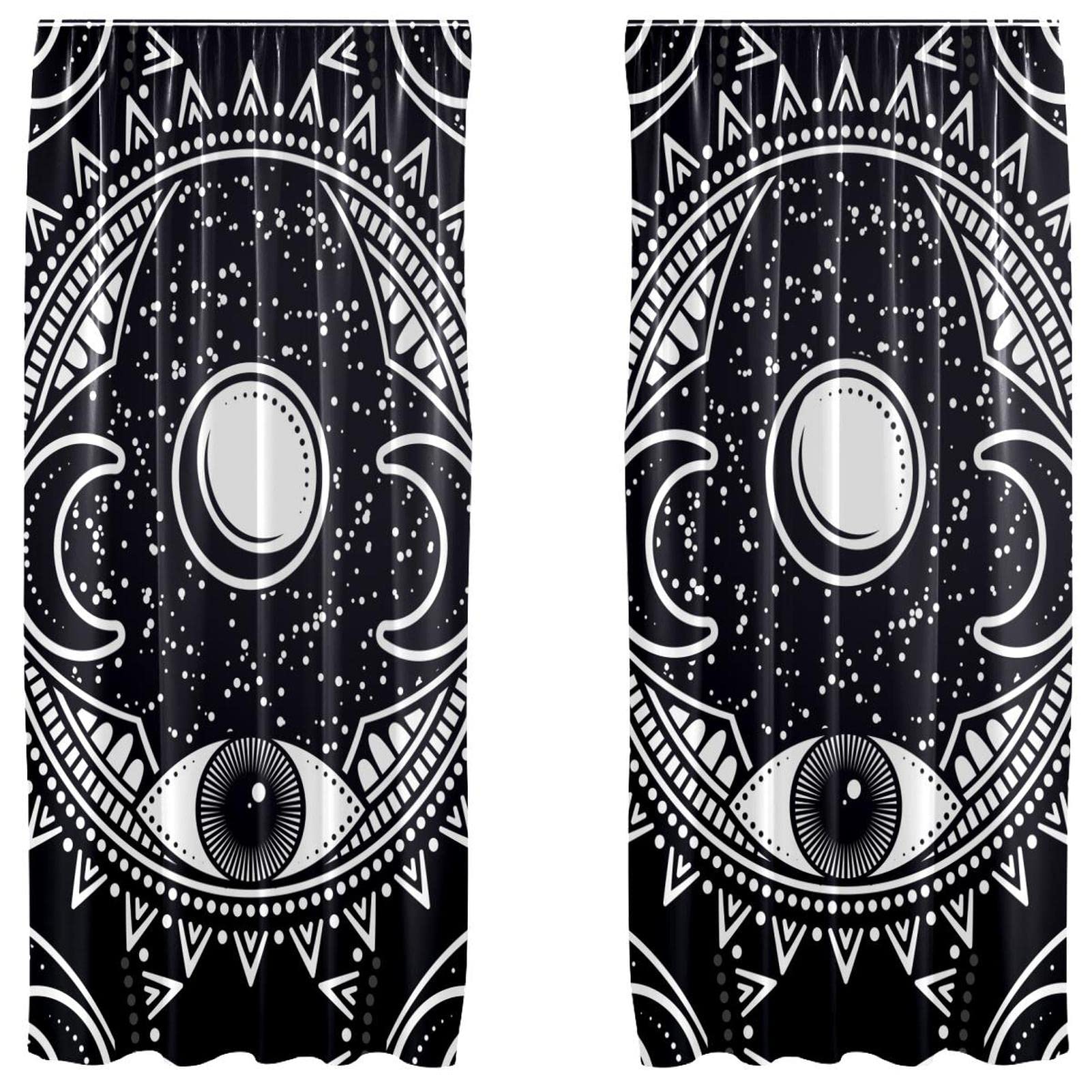 Cortinas de ventana bohemias estilo esotérico, juego de 2 paneles ligeros en negro y blanco