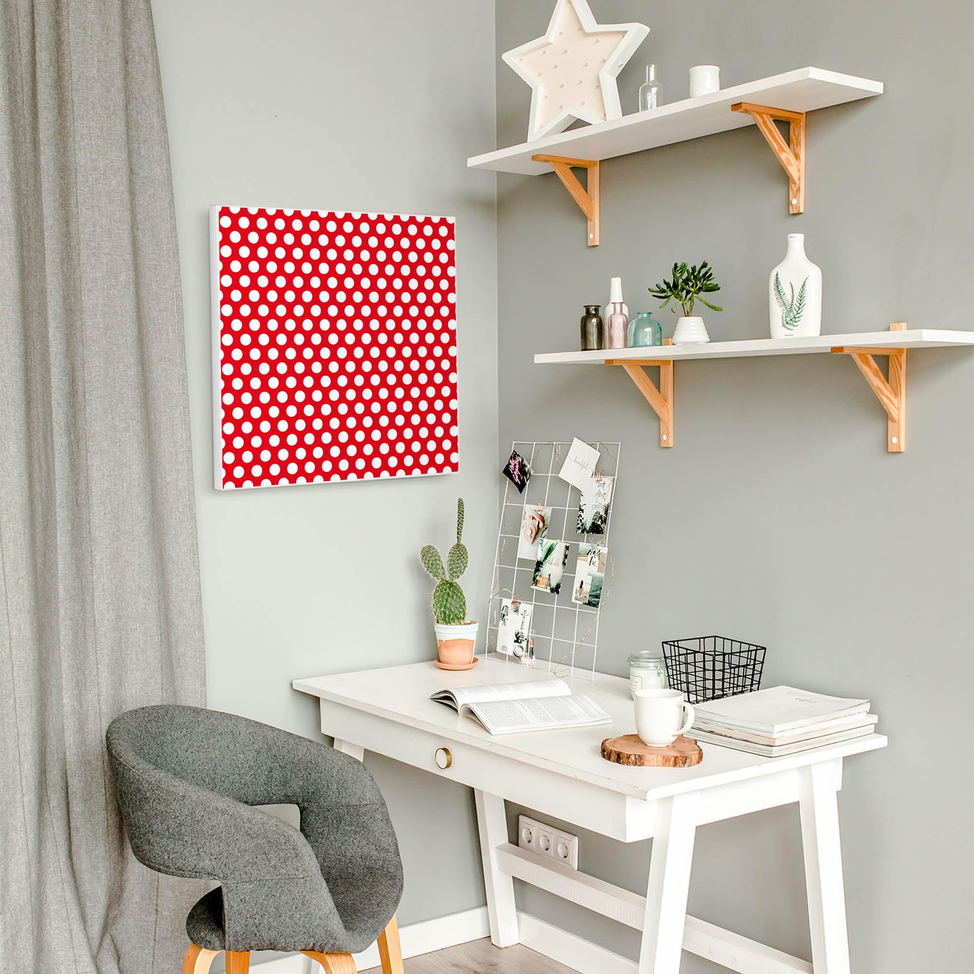 banjado Magnettafel 50 x 50 cm/Magnetwand aus Metall/Magnetpinnwand als Memoboard/Pinnwand Magnettafel Küche, Büro, Kinderzimmer inkl. 4 Magnete & Montageset - Motiv Punkte Rot