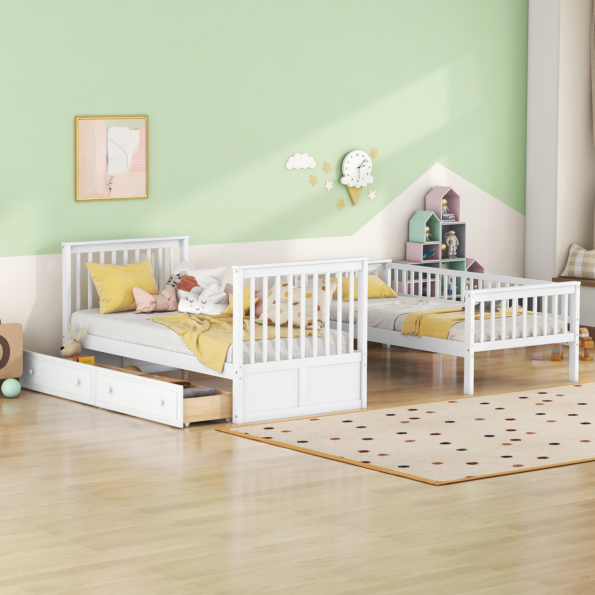 Kehun Kinderbett Etagenbett 90x200 für 2 Kinder, Hochbett Holzbett mit Stauraum Schubladen und rausfallschutz, Cabrio Funktionelle Bett mit lattenrost und Leiter, Jugendbett, Weiß, ohne Matratze