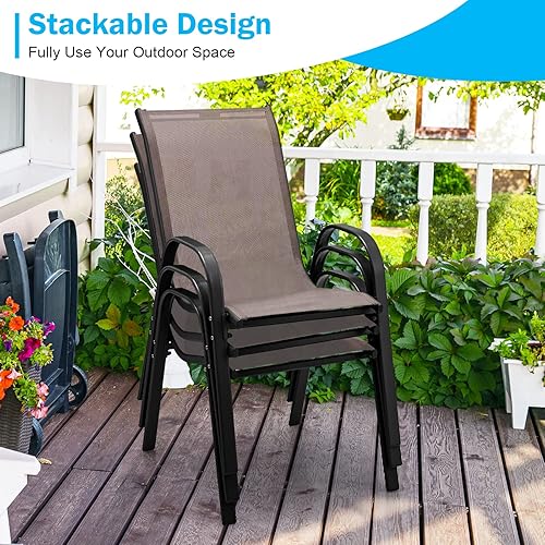 Miniatura 4 de Tangkula Juego de 4 sillas de comedor para patio, apilables, resistentes para todo tipo de clima, con reposabrazos, soporta 330 libras, para