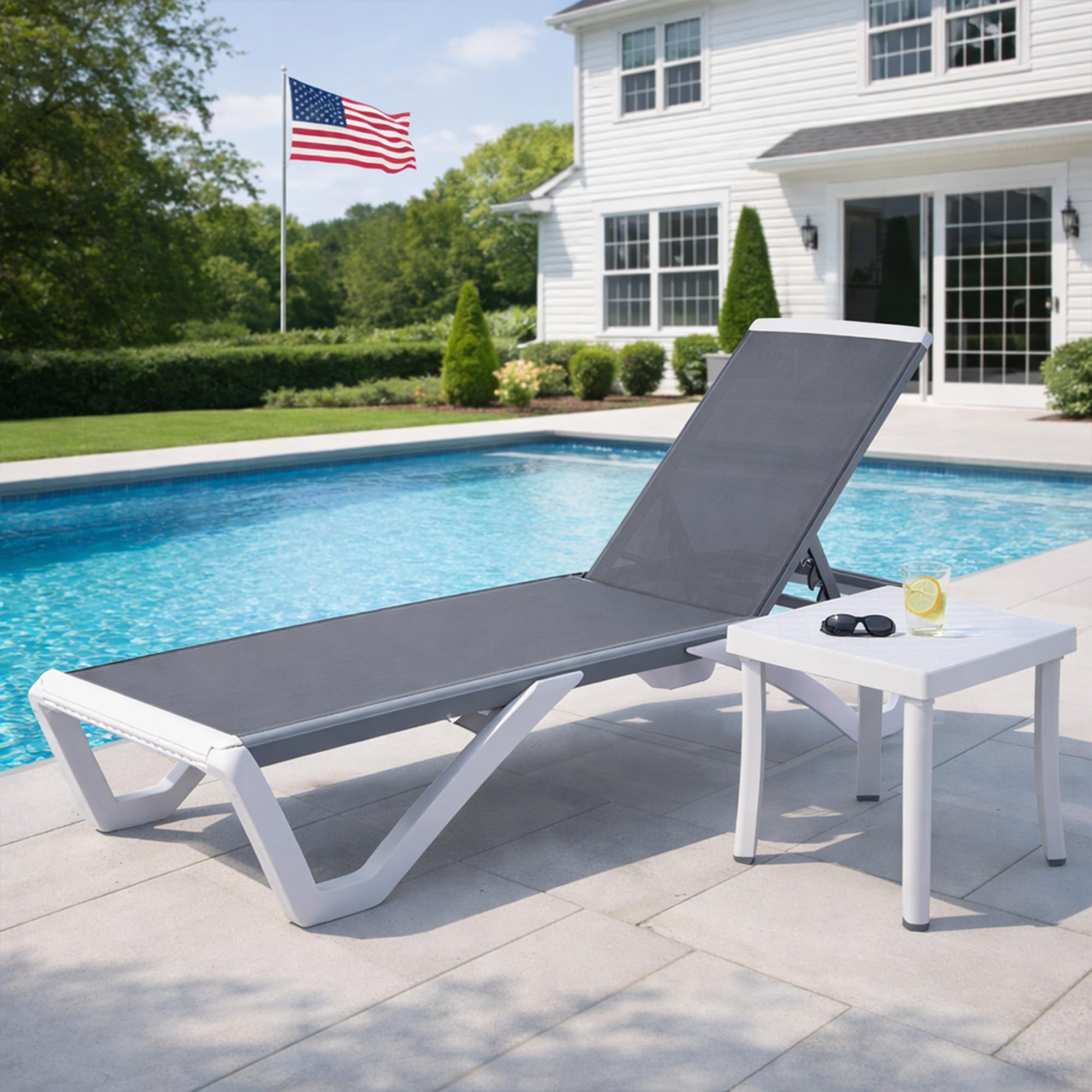Kozyard Outdoor Chaise Lounge Chair Set, Fully Flat Adjustable Patio Lounger with Aluminum Frame & Resin Legs, Textilene Fabric for Poolside, Backyard & Beach (Gray, Chair + Table)