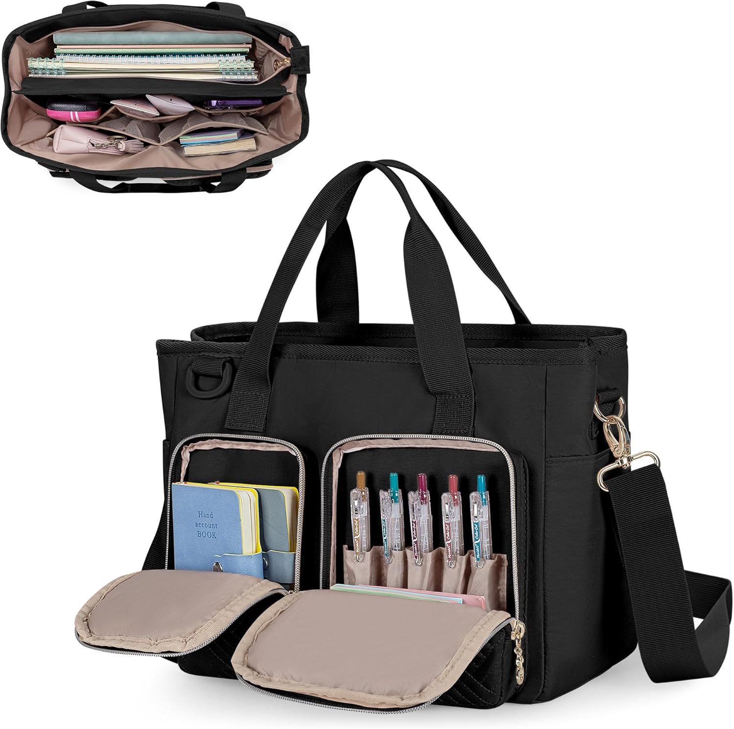 Teamoy Journal Supplies Storage Case, Journaling Supplies Planner Bag, Travel Organizer Holder for B5 Notebooks, Planner, Pens, and Journal Accessories, Black Quilted