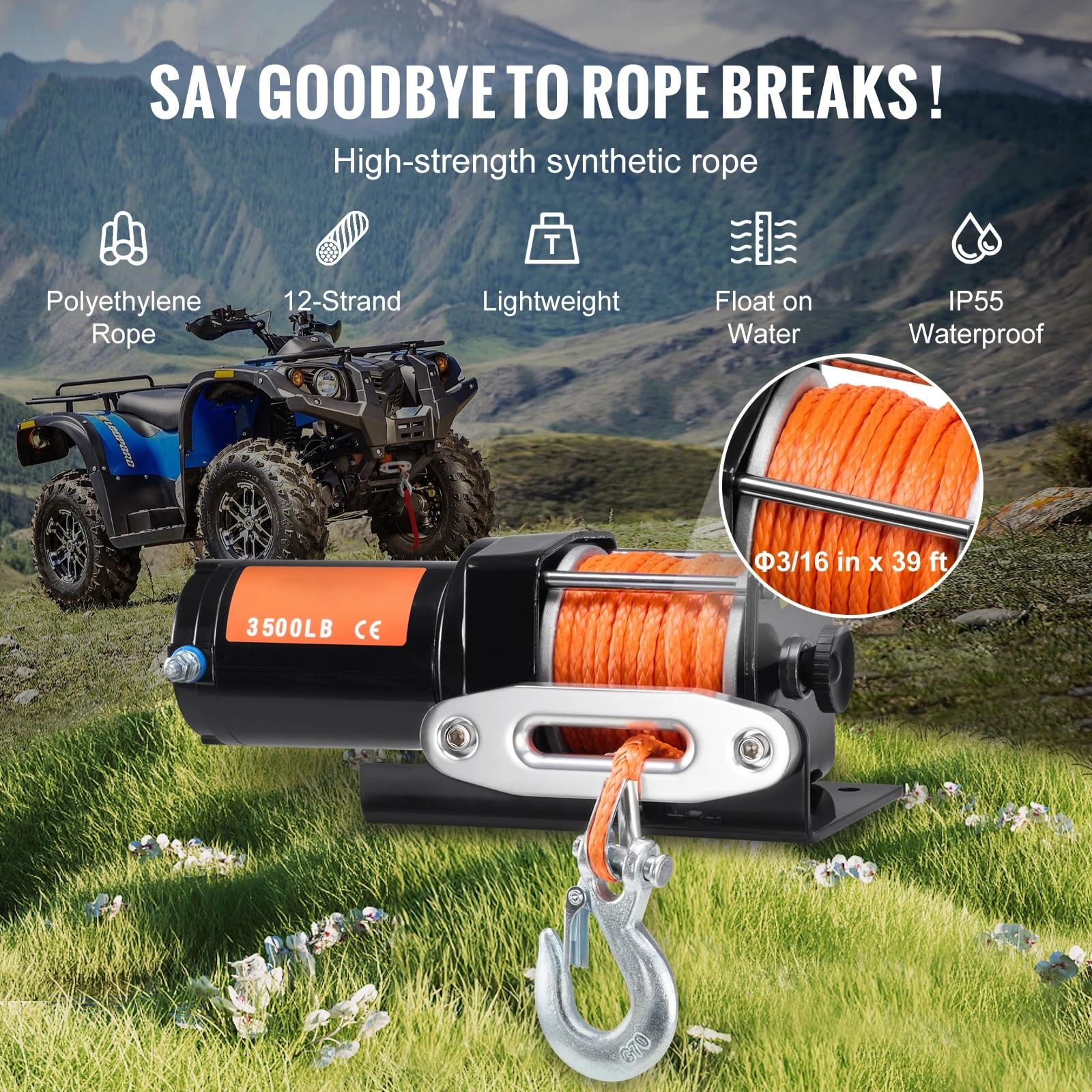 Wciągnik łańcuchowy Wciągarka elektryczna 3500lbs ATV/UTV przewodowy samochód z liną syntetyczną o długości 39 stóp aluminium IP55 wodoodporny do holowania ciężarówki łodzi