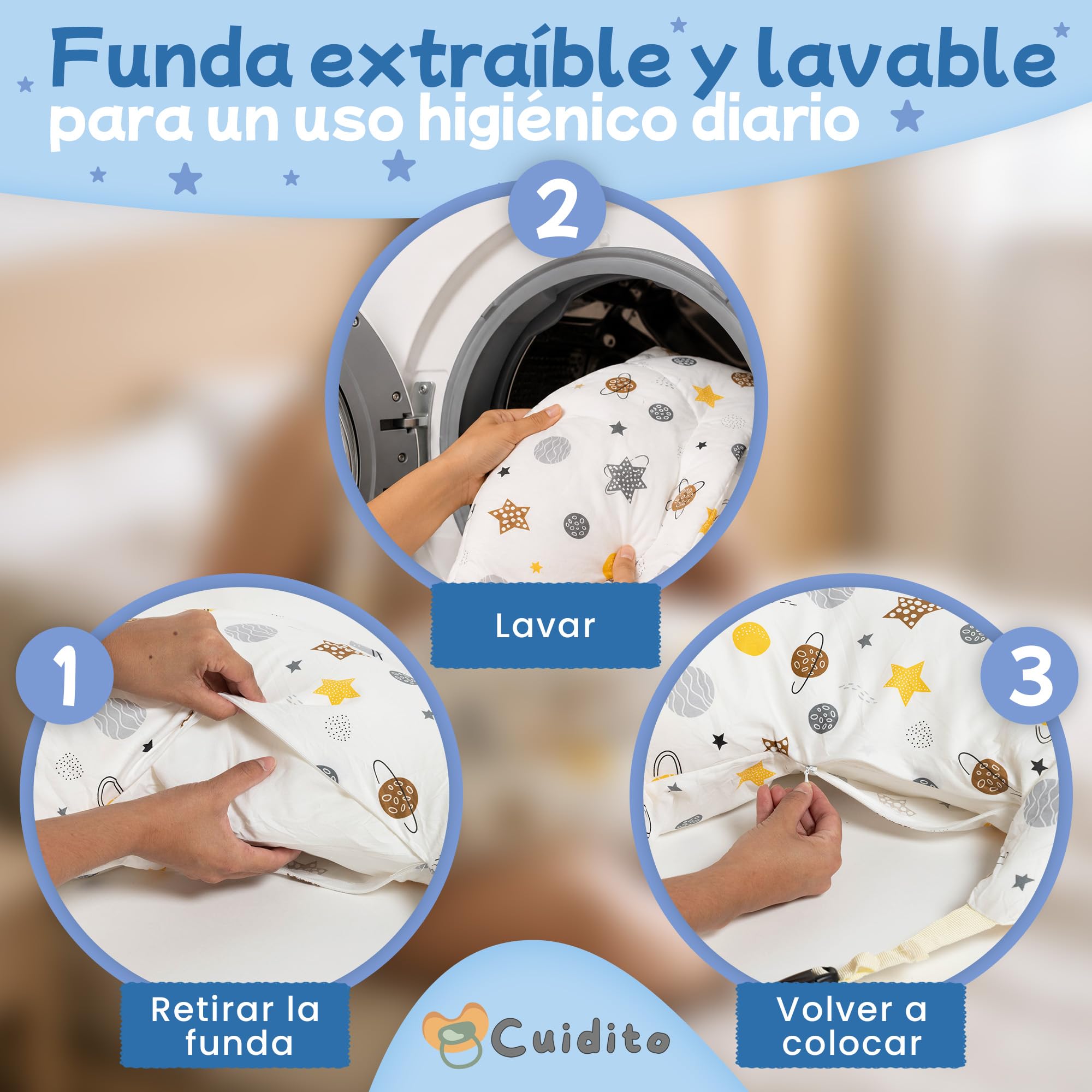 Cojín de Lactancia Ergonómico con Cinturón Ajustable para Cintura y Cuello | Soporte Anticaída para Bebé | Funda Desenfundable y Lavable | Almohada de Lactancia para Dar el Pecho y Biberón