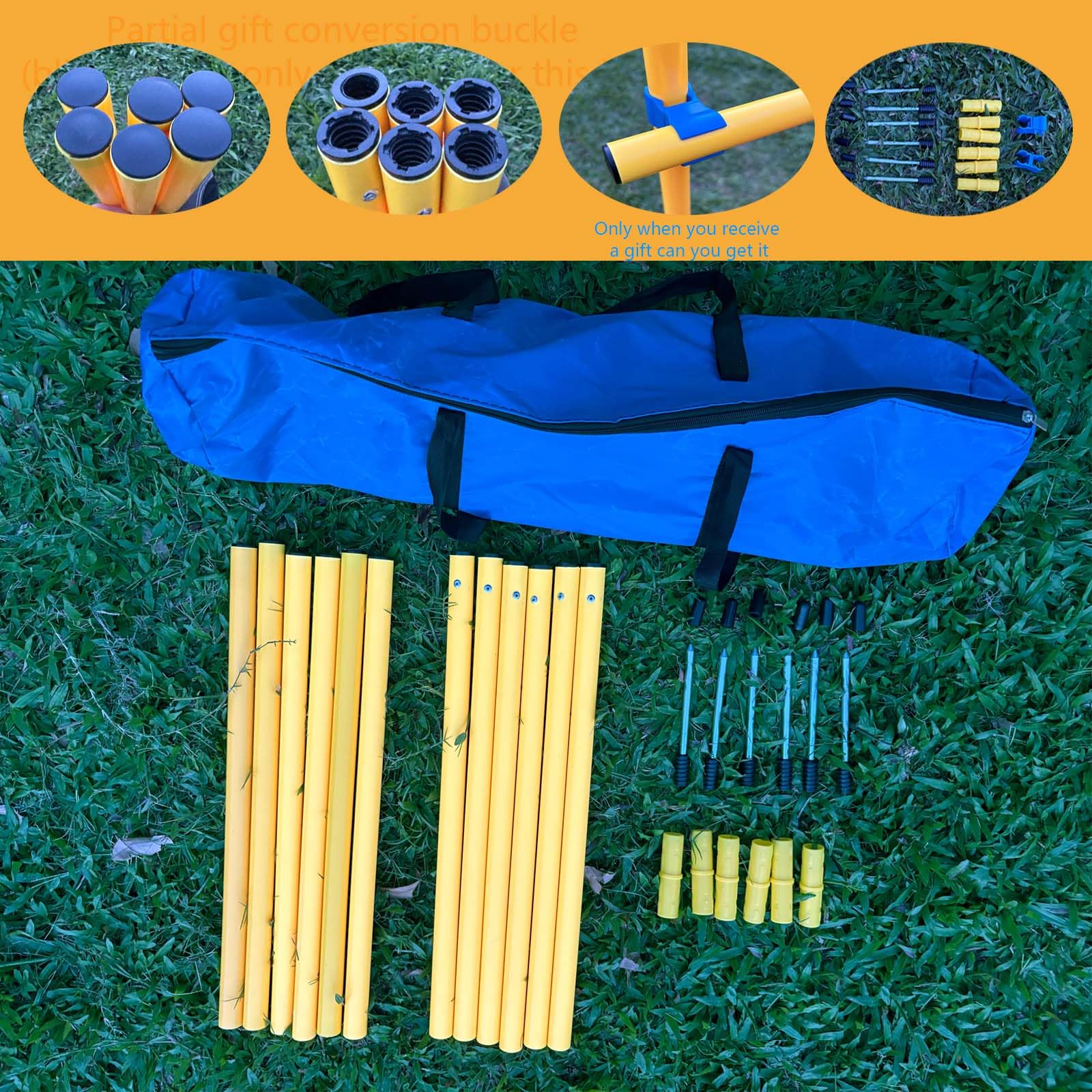 Set di attrezzature per l'agilità del cane, corsa ad ostacoli all'aperto con 6 aste intrecciate e barra di salto regolabile, fibbia di conversione parziale regalo (scatola cieca), giallo