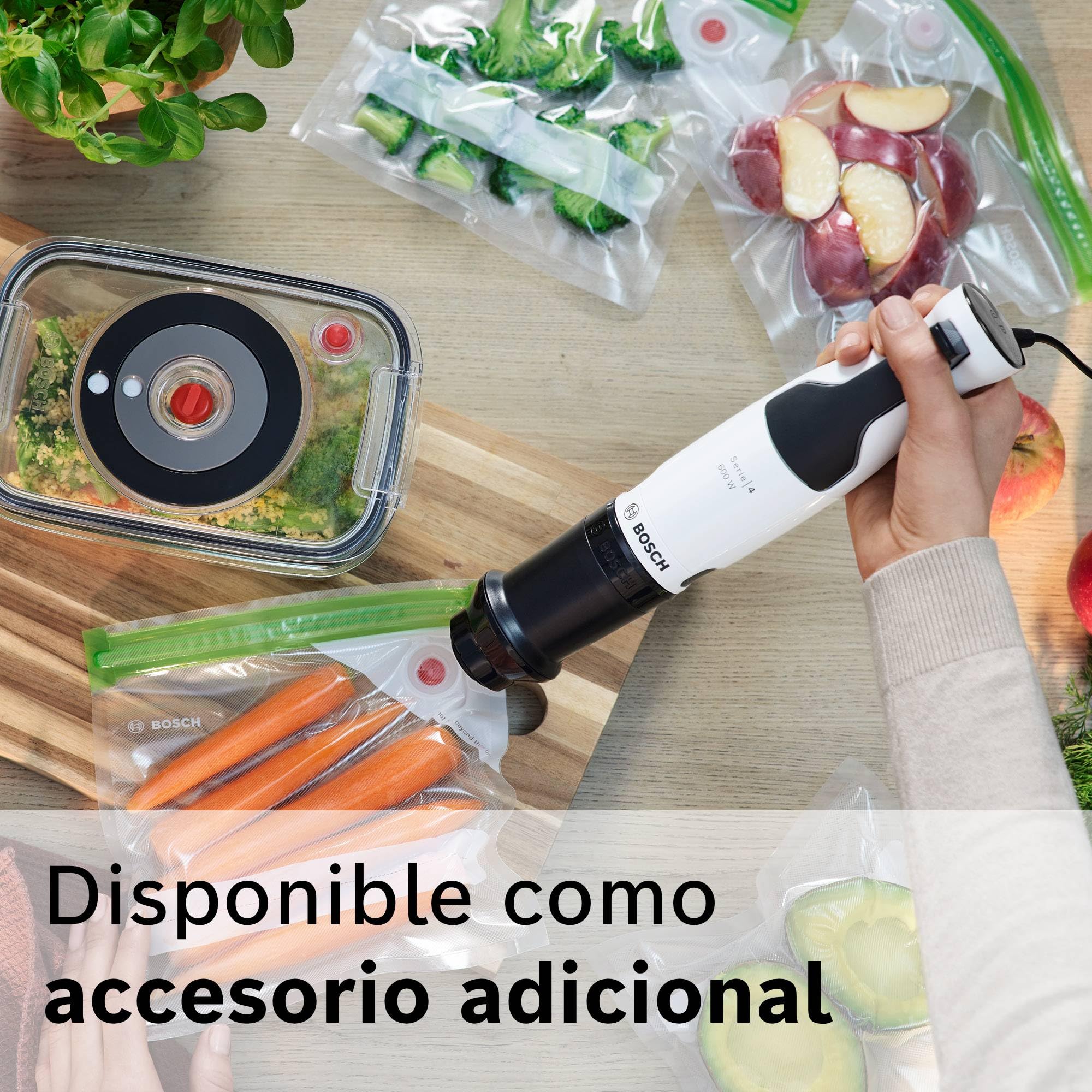Bosch - Batidora de mano ErgoMaster Serie 4, 600 W, Control de velocidad con una mano, Cuchillas QuattroBlade, Vaso medidor incluido, Blanco, MSM4W220