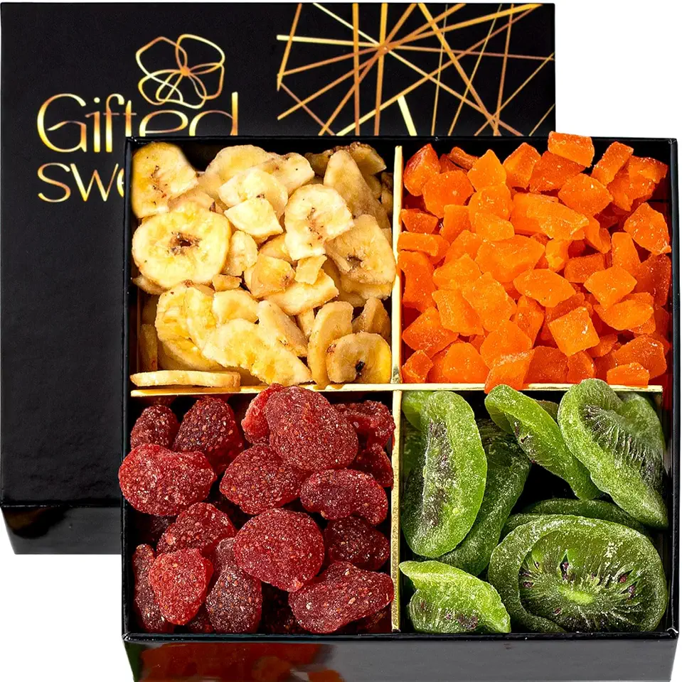 Holiday - Christmas Dried Fruit Gift Basket - 4 Variety Assortment - Gourmet Dried Fruit, Snack Box, In An Elegant Gift Box, Gift Set for Birthday, Sympathy, Healthy Gift Snack Box for Men and Women