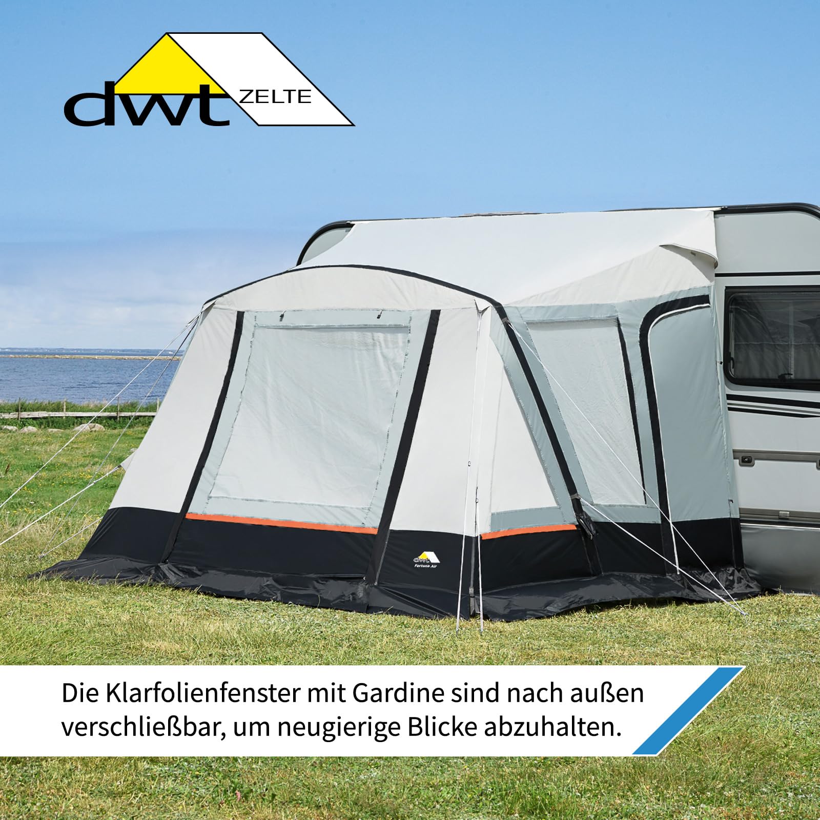 dwt Wohnwagen Luft-Vorzelt Fortuna Air mit 280 cm Tiefe, Breite 300 cm, leichtes Reisezelt inkl. Abspannmaterial, Luftpumpe und Tragetasche