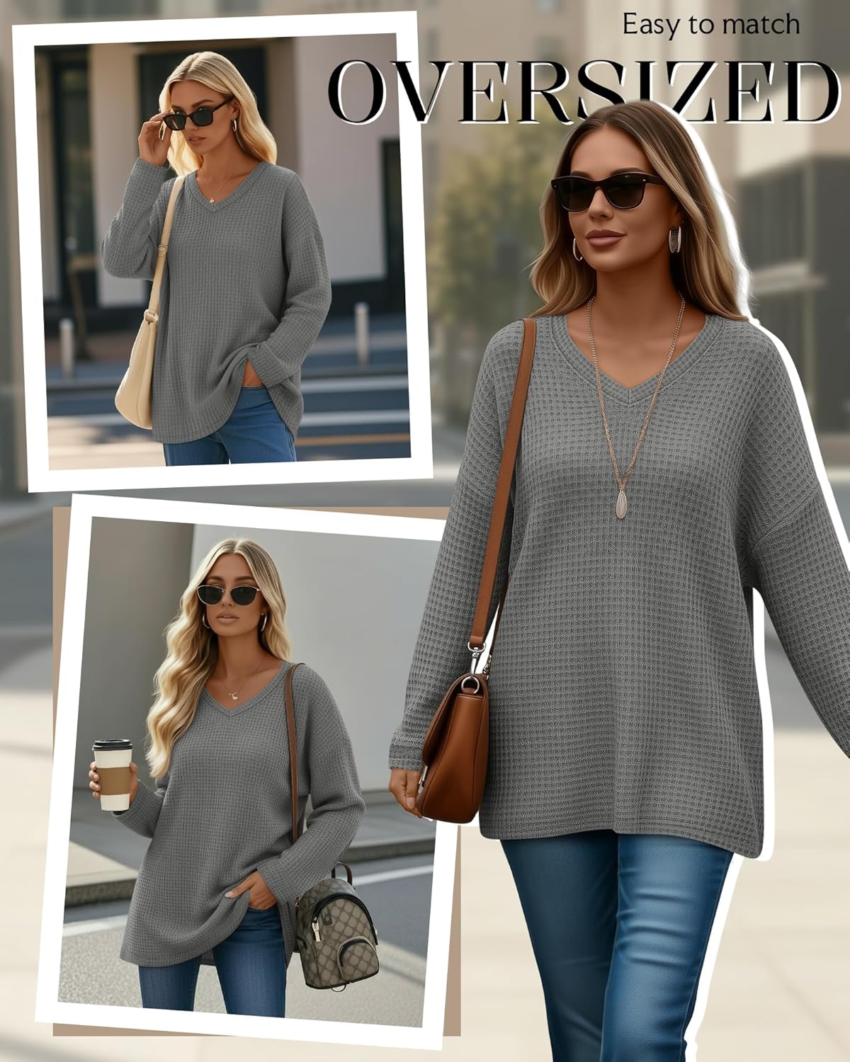 Women's Waffle Long Sleeve Tops, Oversized V Neck Knit Shirts Casual Fall Pullover Sweaters Loose Fit Tunic Tshirts - Image 2