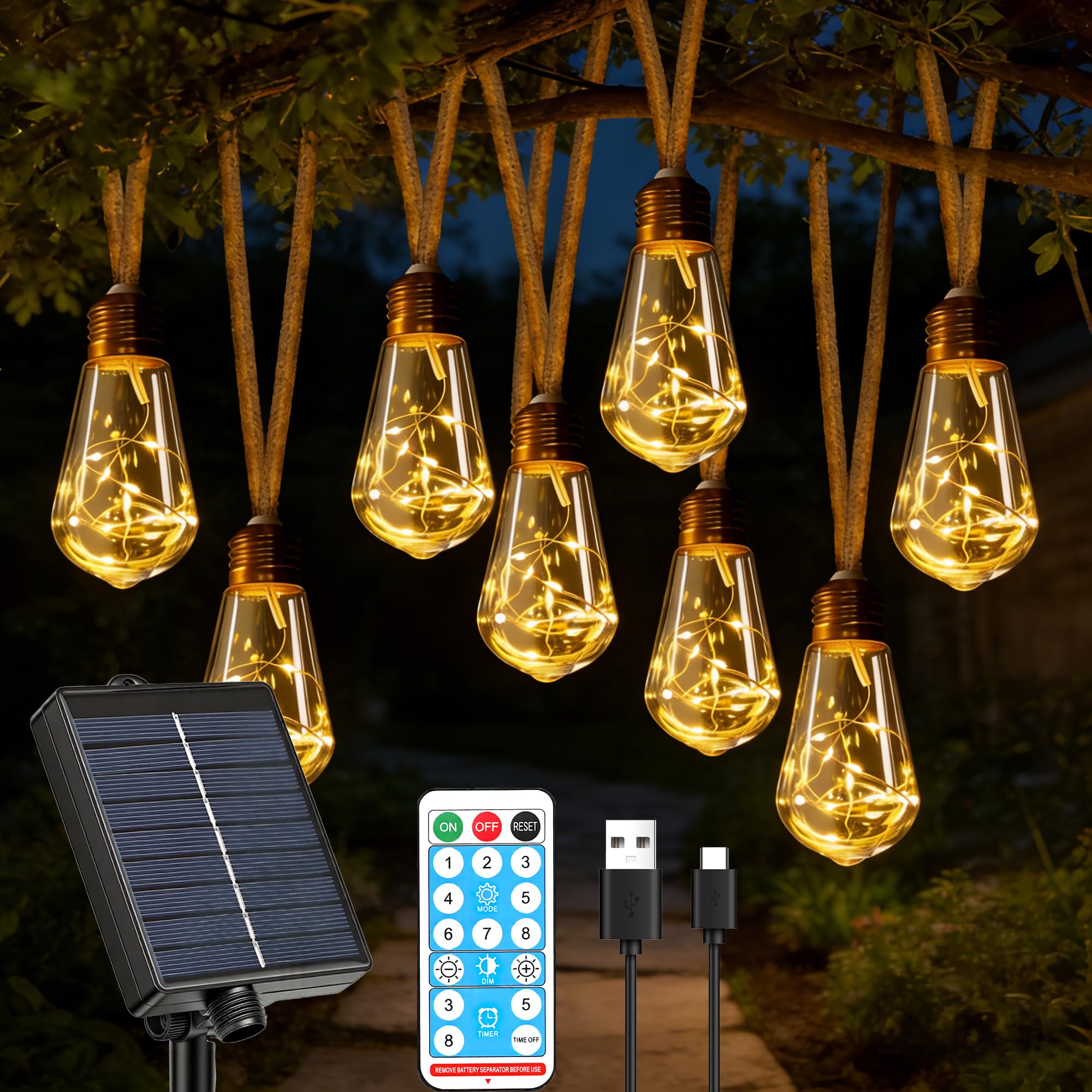 Lampes solaires d'extérieur de jardin - 20 ampoules S17 - 10 m - Corde de chanvre avec télécommande, USB et énergie solaire - Incassable - Étanche - 8 modes - Guirlande lumineuse féérique pour