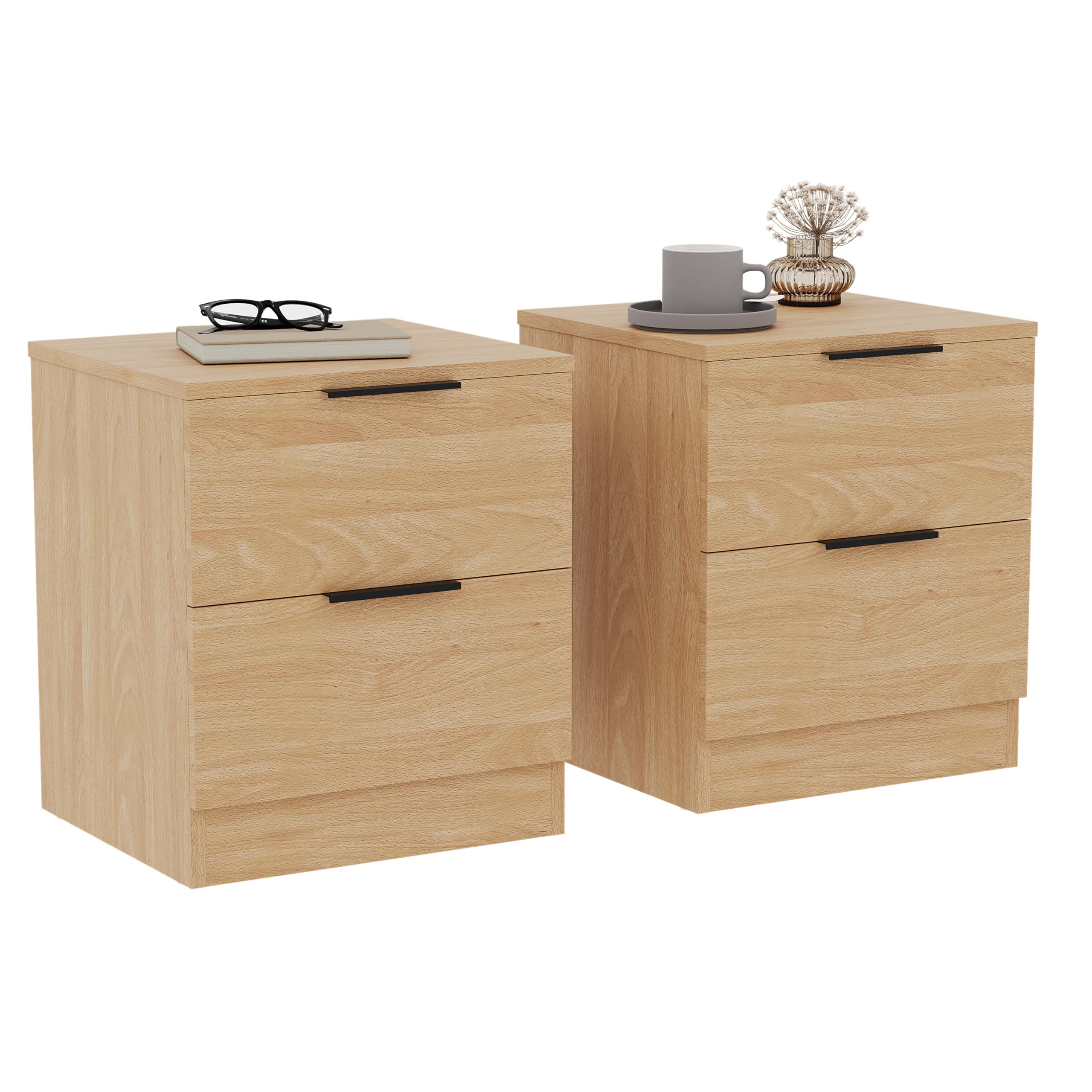 Vida Designs Trega 2 Drawer Bedside Cabinets Set of 2 Pine - Compact Space-Saving Nightstands - 41H x 39W x 28D cm - Engineered Wood - Glide Drawers, Black Handles - Ideal for Bedroom & Guest Room
