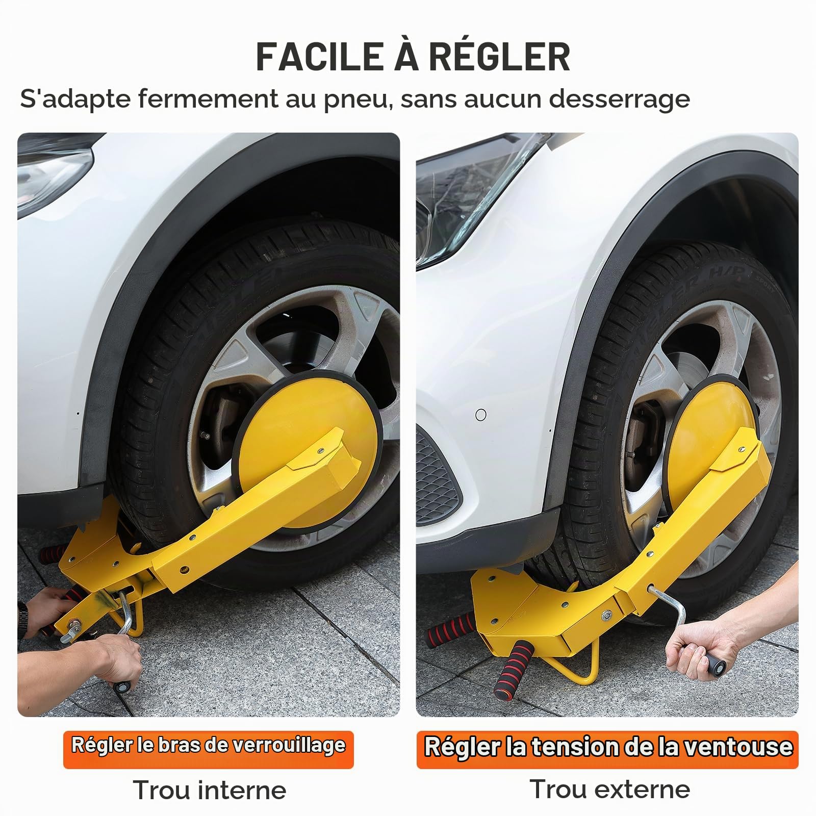VEVOR Antivol Voiture Universel Sabot de Roue Antivol 16-38 cm Bloque-Roue en Acier Q235 Robuste Grande Ventouse de 30 cm 2 Clés Dispositif de Blocage de Roue pour Véhicules Caravanes Camions Moto SUV