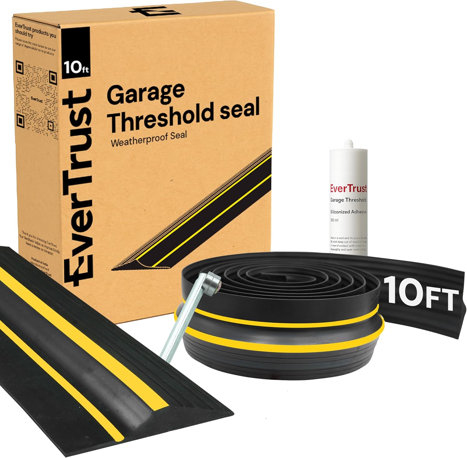 Garage Threshold Seal Strip. Weatherproof EPDM Rubber Strip Replacement Kit for DIY. 10 Ft Strip + 1pc 300 ml Sealant Adhesive. (10 FT)