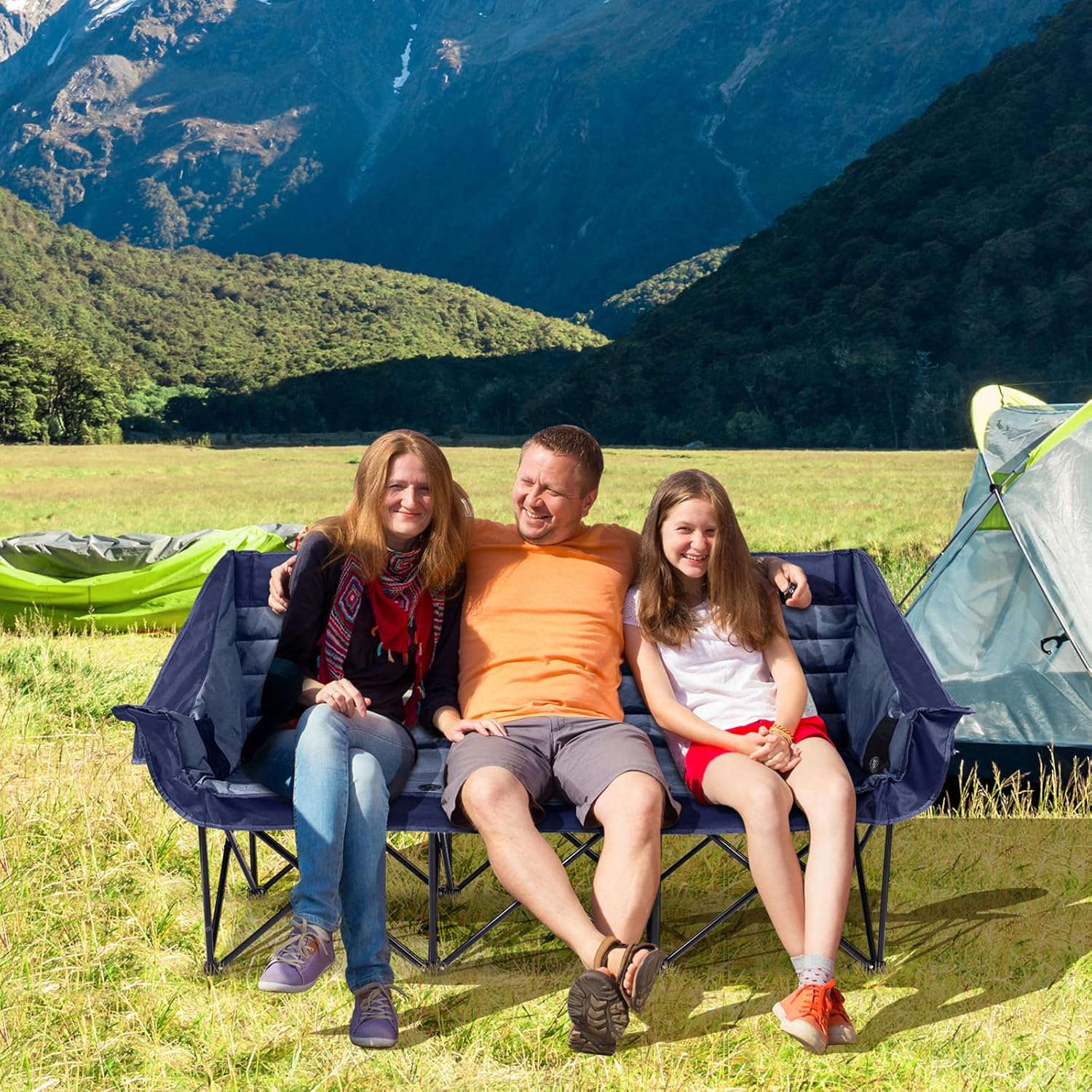 Huskfirm 3 Person Camping Chairs Folding Double Camping Chair Portable Oversized Loveseat Padded Camp Chair Heavy Duty Camping Couch for Adults Outdoor Lawn with Two Cup Holders and Carry Bag Blue