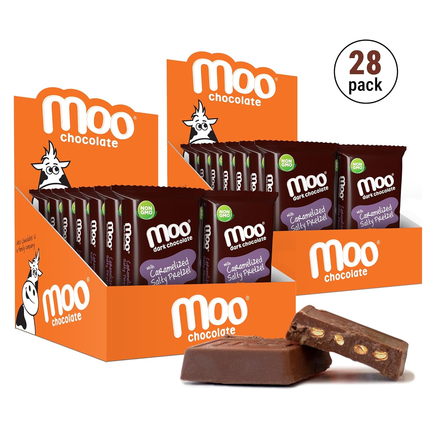 Moo Chocolates All Natural Dark Chocolate Mini Bars with Caramelized Salty Pretzel 0.7 oz, 28 ct (Pack of 2) | 100 Calorie Snacks for On-the-Go, Lunchboxes, Office