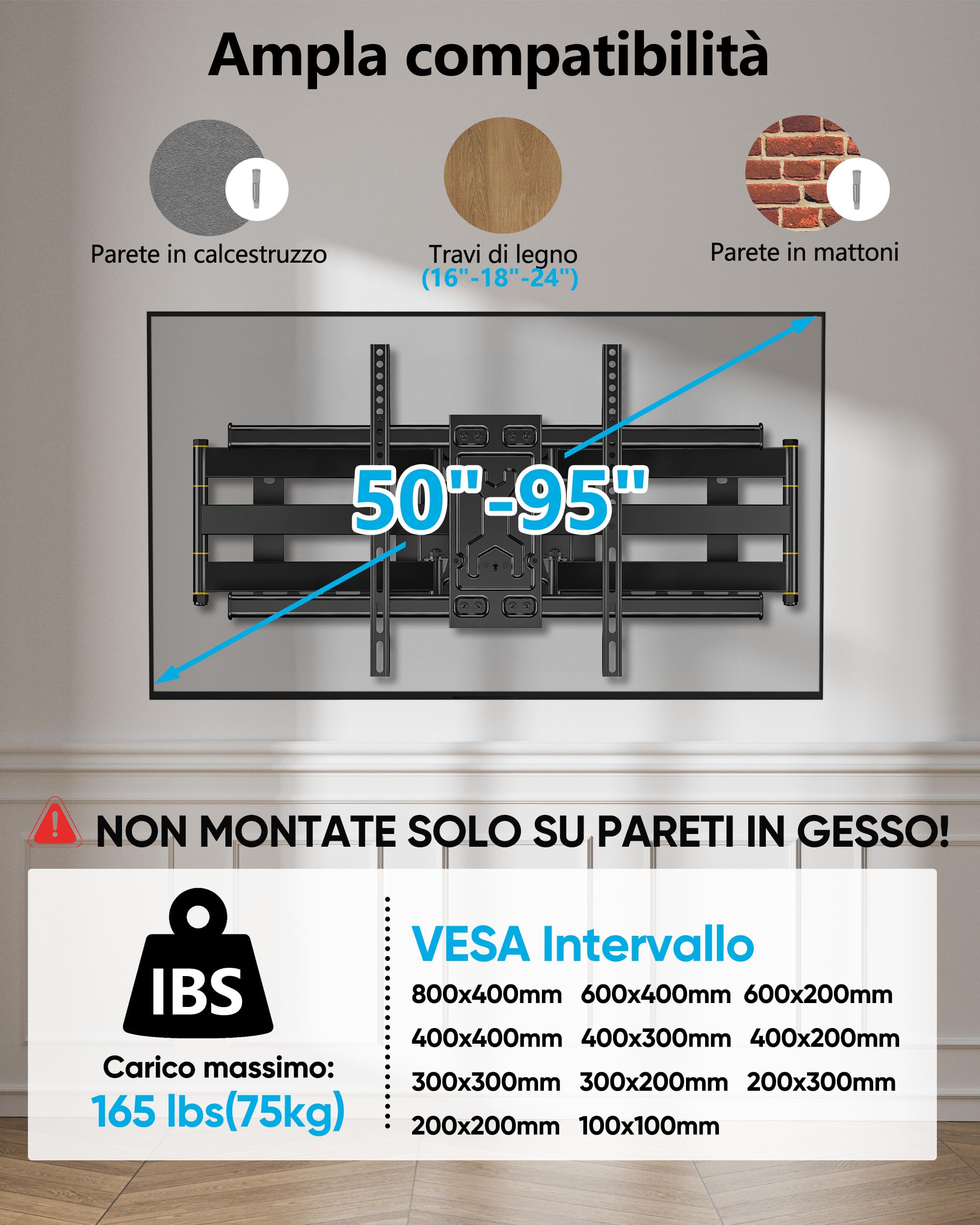 FORGING MOUNT Supporto a parete per TV a lunga portata per TV da 50-95 pollici Estensione di 765 mm Doppio braccio articolato inclinabile ed estensibile per Tv piatti e curvi, carico 75 kg