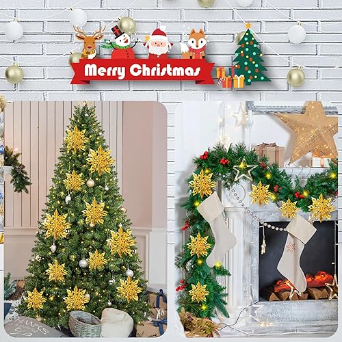 Vista 12 de Crafare Adornos colgantes de copos de nieve 3D de Navidad, 3 tamaños, 18 unidades, blanco y plateado, guirnalda colgante para invierno, país