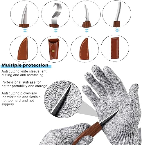Miniatura 5 de Juego de herramientas de tallado de madera, kit de cuchillos para tallar detalles y gancho para principiantes, cuchillo de corte para cuchara, taza