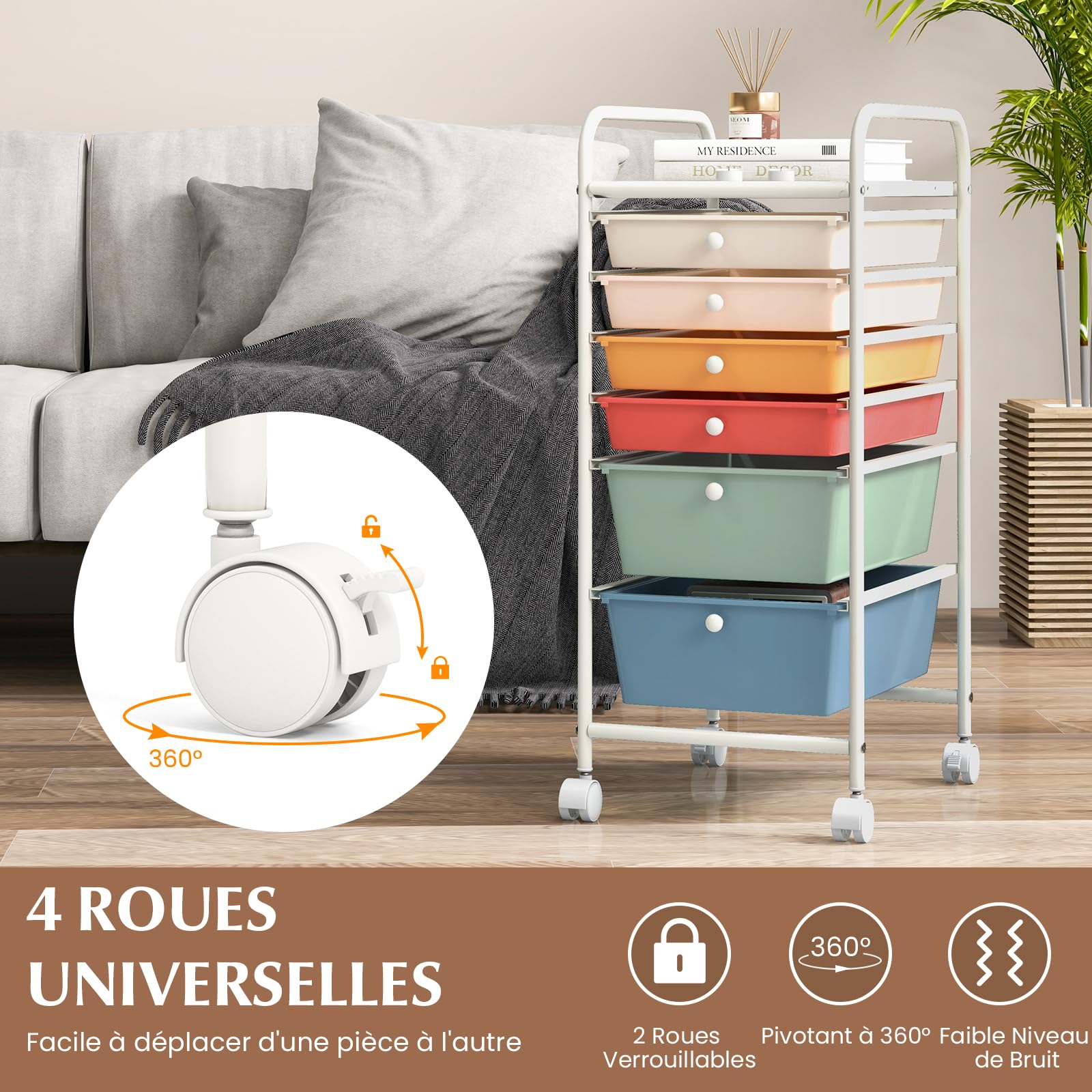 GOPLUS Chariot de Rangement à Roulettes Verrouillable 6 Tiroirs Amovibles, Desserte à Roulettes Mobile avec Plateau et Poignée Latéral, Silencieux, Cadre en Métal, 37x32,5x74,5CM, pour Chambre, Bureau