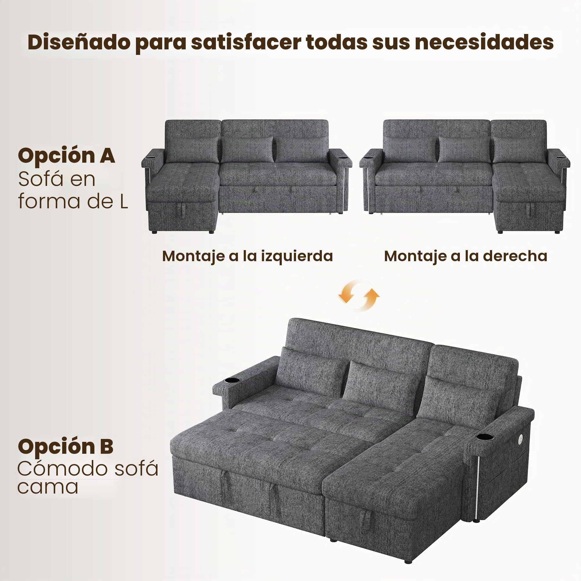Sofá esquinero en forma de L con función de sueño, con espacio de almacenamiento, sofá de 3 plazas, convertible en sofá cama, con iluminación LED y puertos USB, respaldo ajustable con