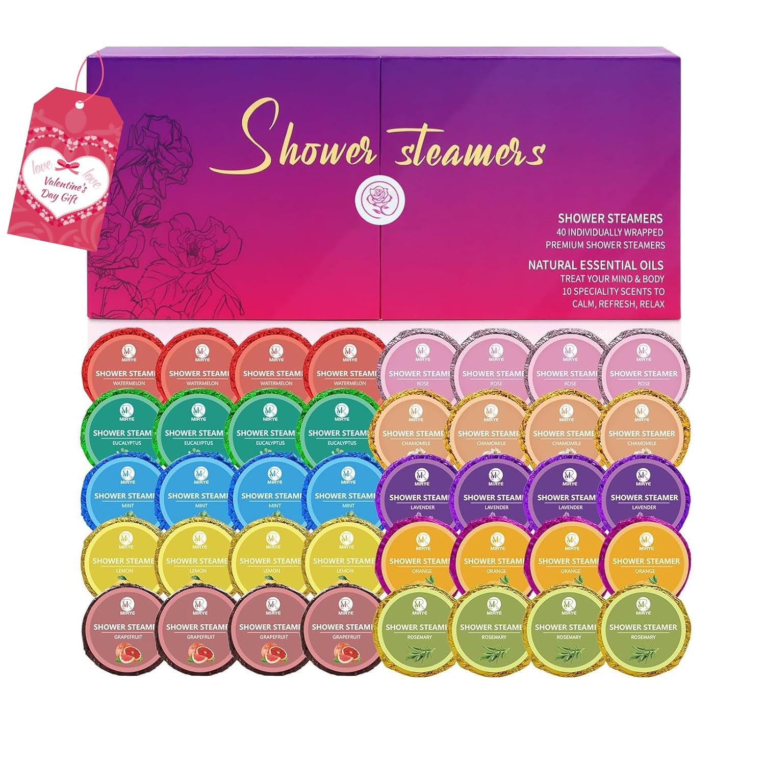 40 PCS Shower Steamers Aromatherapy for Women or Men, 10 Scent Shower Bomb Organic with Natural Essential Oil Relaxation, Self Care Valentine's Day Gifts Birthday Gifts for Her Him Adults