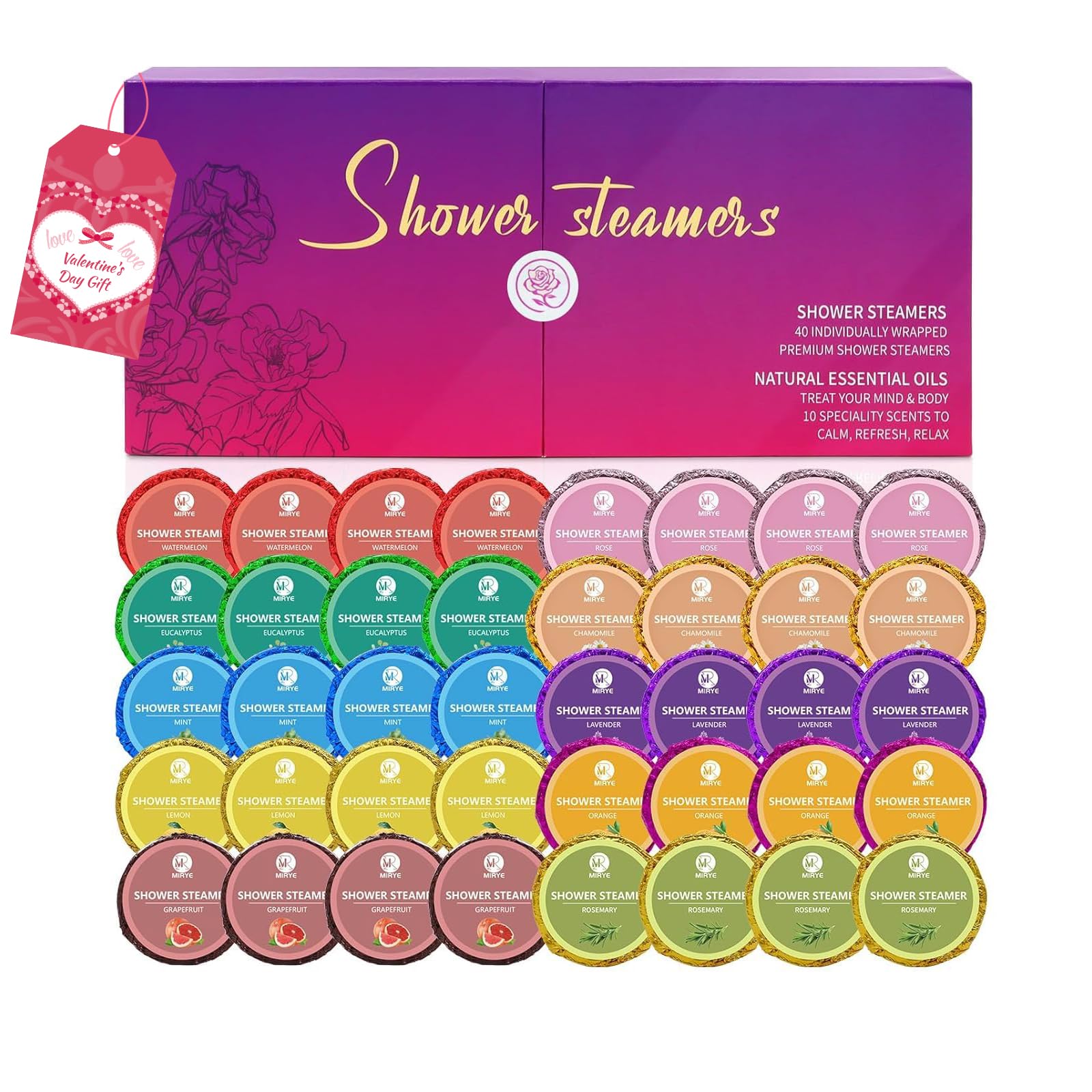 40 PCS Shower Steamers Aromatherapy for Women or Men, 10 Scent Shower Bomb Organic with Natural Essential Oil Relaxation, Self Care Valentine's Day Gifts Birthday Gifts for Her Him Adults
