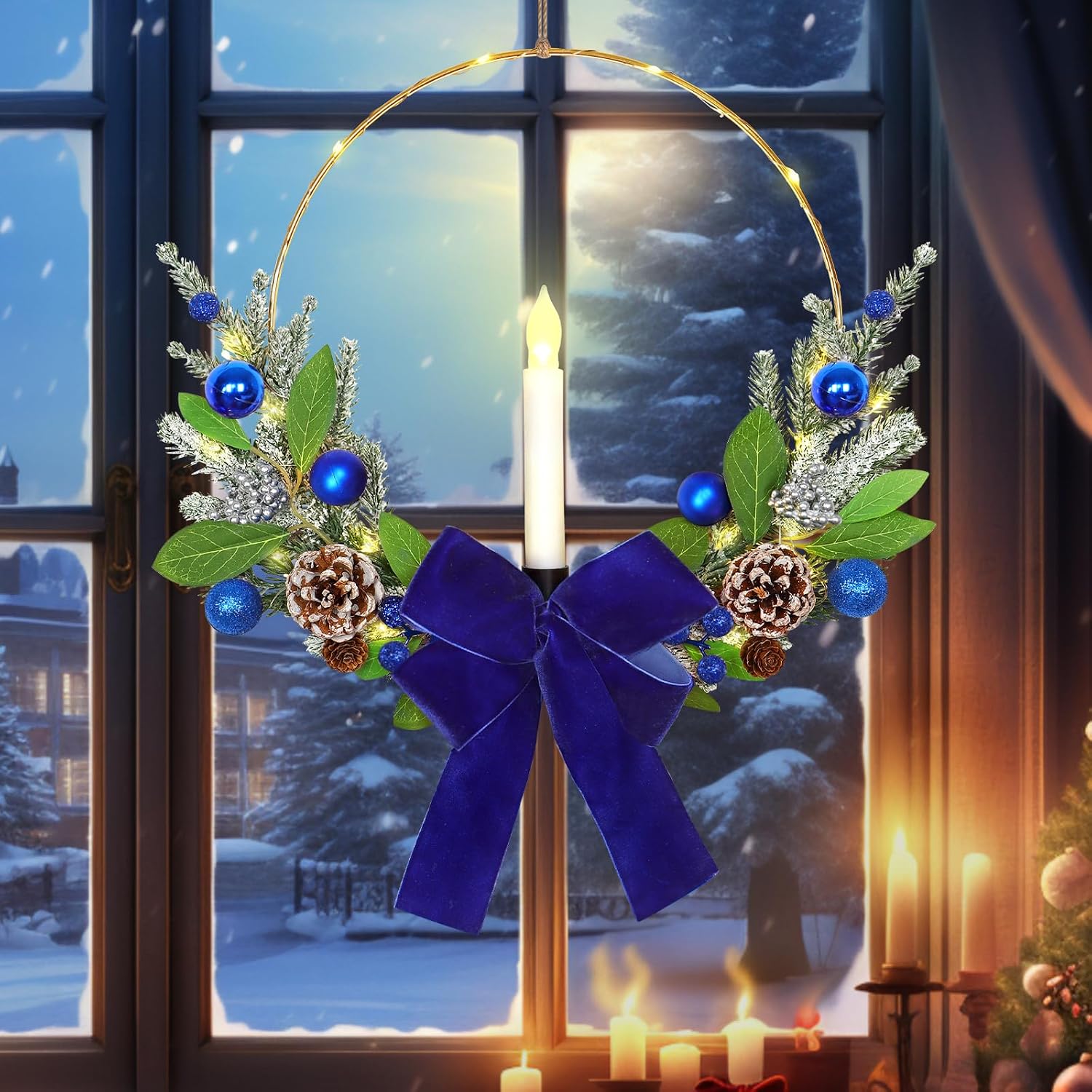 TOCHGREEN Christmas Wreath with Taper Candle Lights for Front Door Artificial Christmas Hoop Wreaths Outdoor Prelit Winter Wreath for Farmhouse Xmas Holiday Porch Fireplace Window Decorations