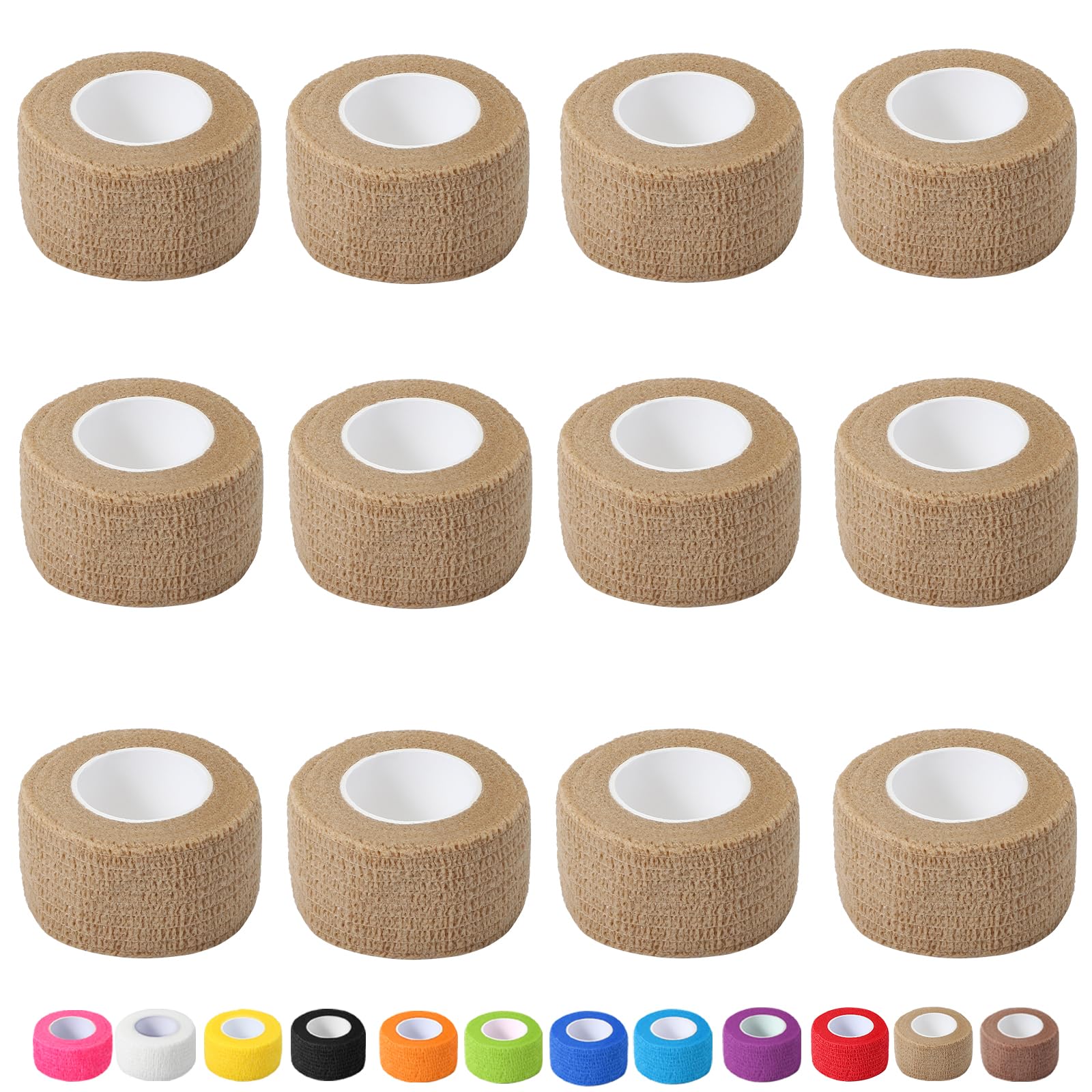 12 Pack Self Adhesive Bandage Wrap, 1 in x 5 Yards Non-Woven Self Adherent Cohesive Bandage, Vet Wrap Wound Tape for Thumb Finger Wrist Knee Ankle,