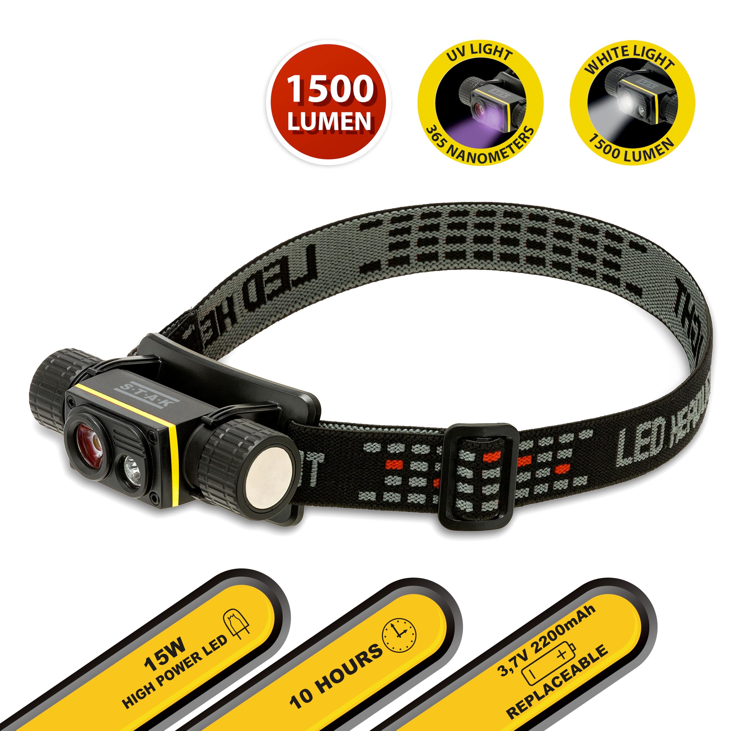 Akumulatorowa latarka czołowa LED 15 W z akumulatorem 2200 mAh, wodoodporna IPX7, z białym światłem o mocy 1500 lm i światłem UV o długości fali 365 nm, 10-godzinna żywotność baterii. Idealna do prac