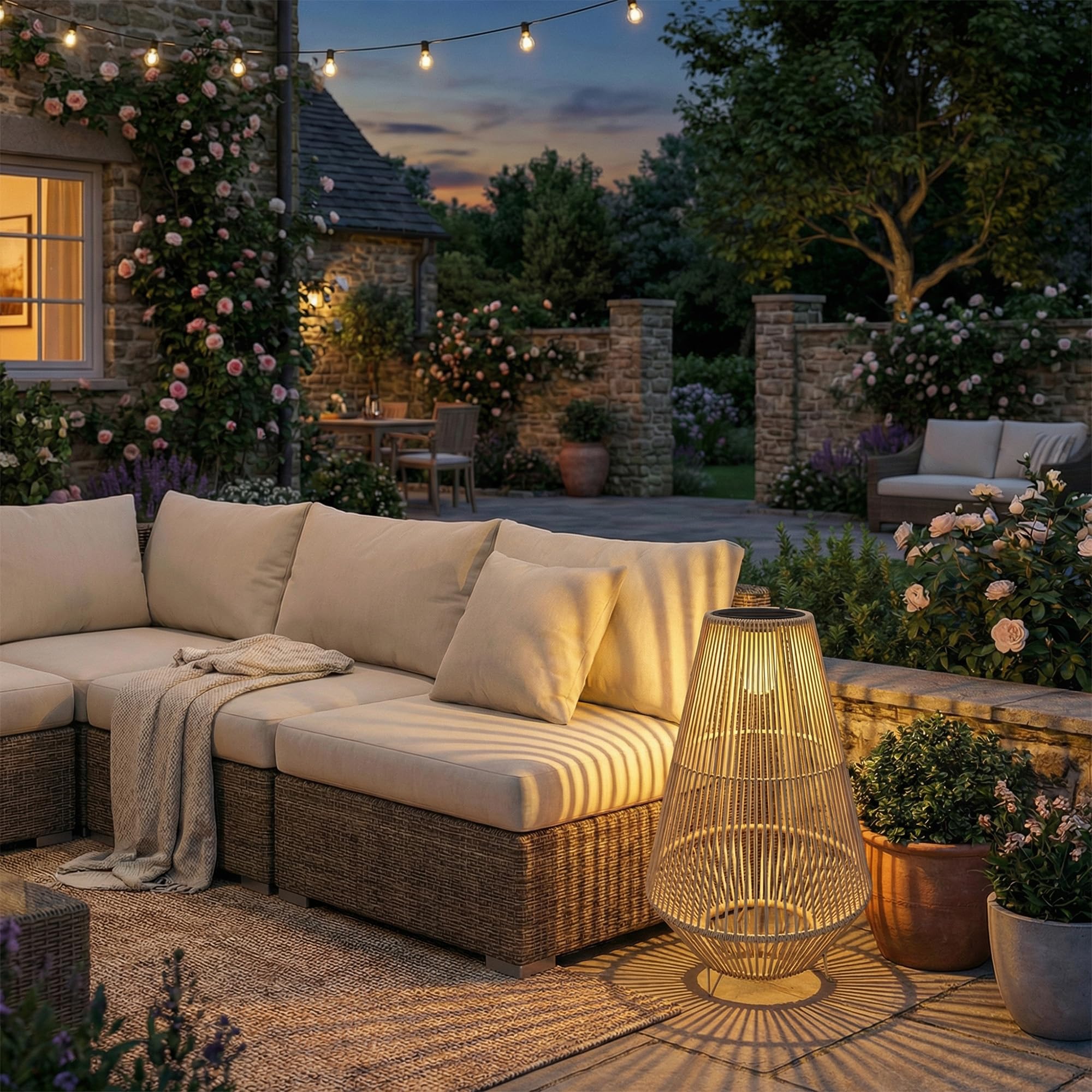 Outsunny - Linterna solar exterior de resina trenzada, lámpara de pie inalámbrica recargable con sensor de luz, lámpara de pie LED exterior, para jardín patio terraza, amarillo