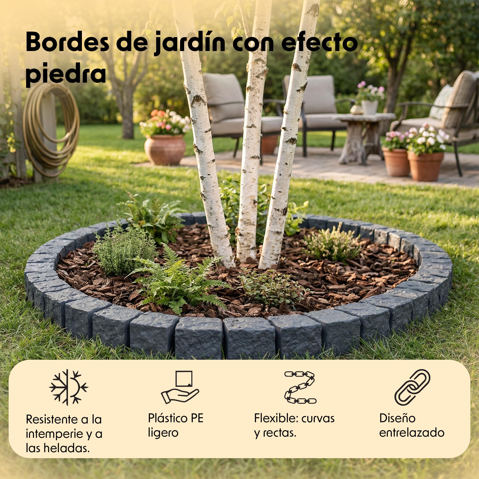 Borde para césped con aspecto de granito de 1,2 m Antracita, piedras de adoquines de plástico 10 x 10 x 10 cm – Delimitación de parterres, delimitación de jardineras, delimitación de parterres