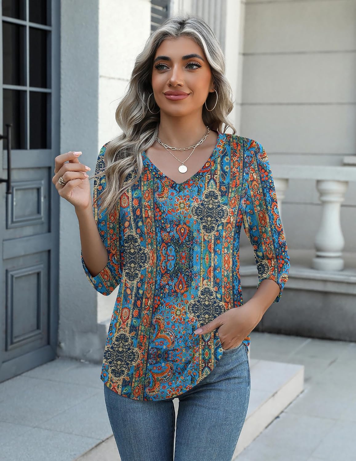 Zeagoo Womens Blouse Casual 3/4 Length Sleeve V Neck Basic T-Shirts Spring Summer Cute Tunic Tops Business Work Tees