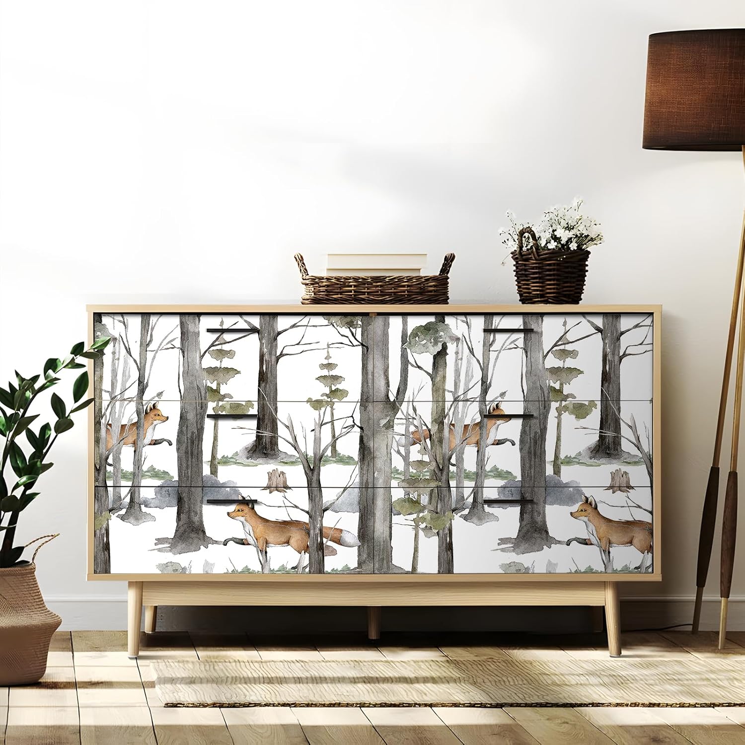Livelynine 17.5x276 Forest Animal Wallpaper Peel and Stick Vintage Hunting Fox Trees Wall Mural Wallpaper for Bedroom Bathroom Kids Room Nursery Woodland Forest Contact Paper Fairy White Grey Sage