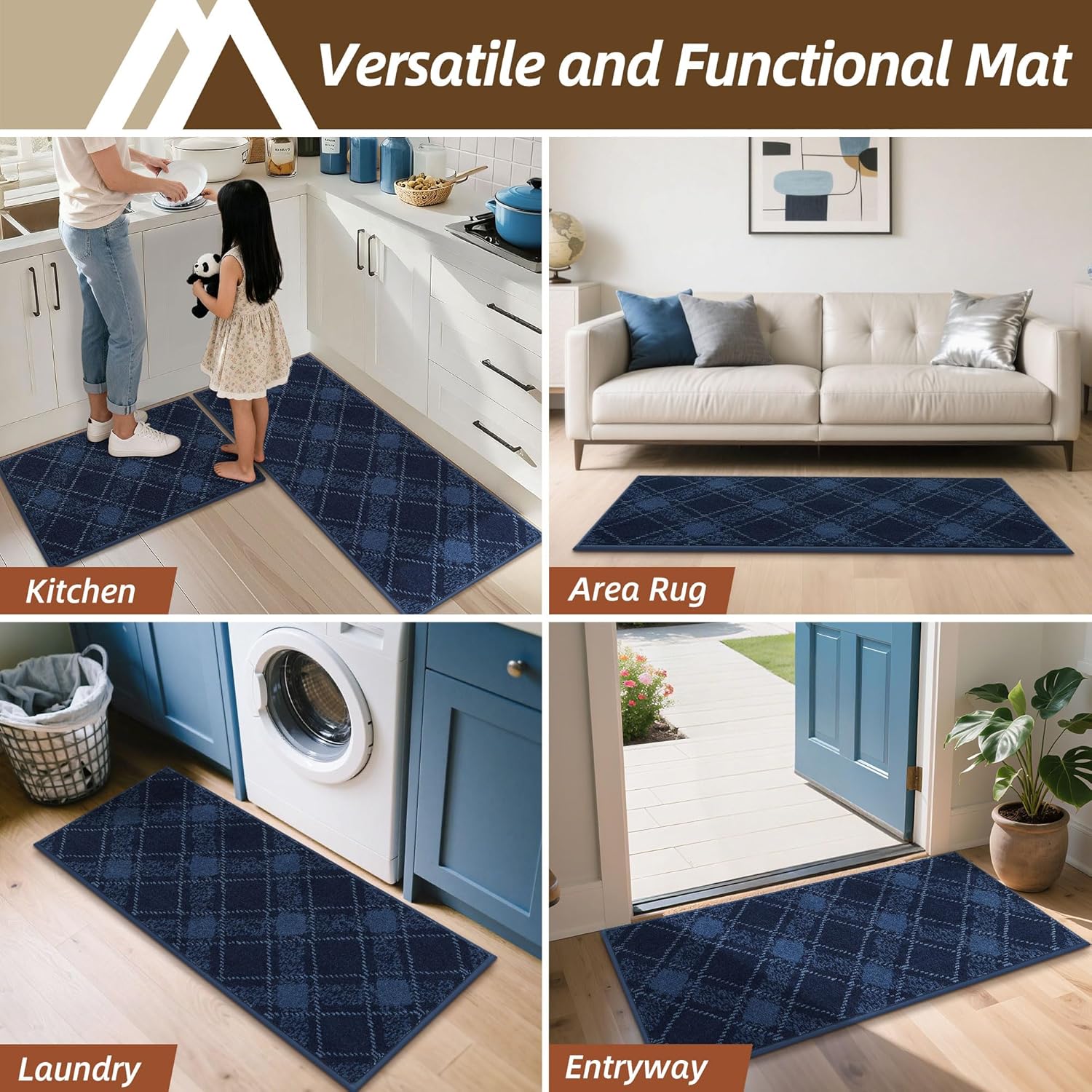 COSY HOMEER Kitchen Rugs and Mats Sets 2PCS Non-Slip Soft Kitchen Mats for Floor Absorbent and Stain Resistant Kitchen Floor Mat Washable Plaid Rugs for Kitchen,24"x36"+24"x60",Navy Blue