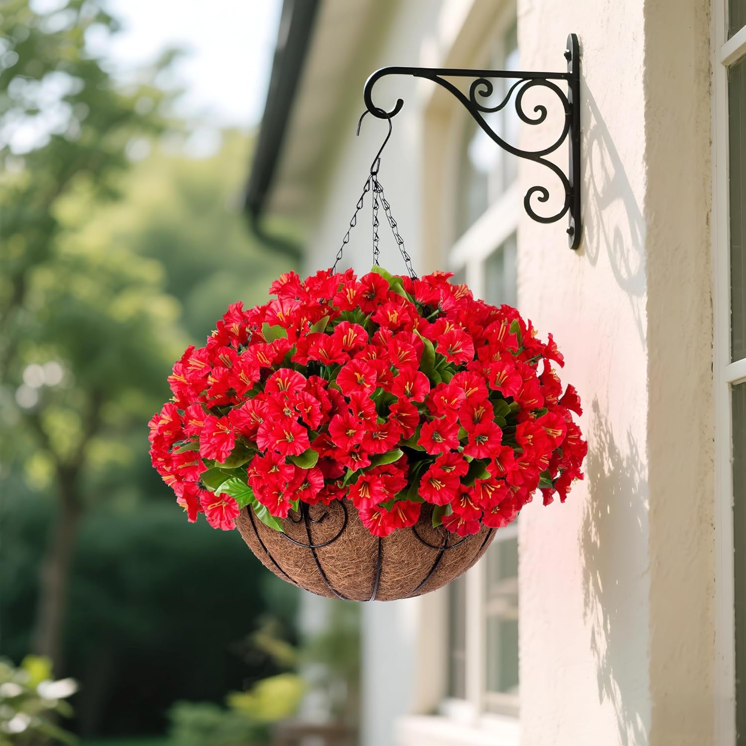 Artificial Hanging Flower Plants with Basket for Outdoor Decoration, Faux Petunias Flowers Fake Morning Glory Plants for Hanging Outside Patio Garden Porch Balcony Yard Spring Decor(Red) - Image 3