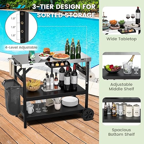 Miniatura 6 de GOFLAME Carrito de comedor para parrilla al aire libre de 3 estantes, mesa de carrito de preparación de alimentos movible con estante ajustable,