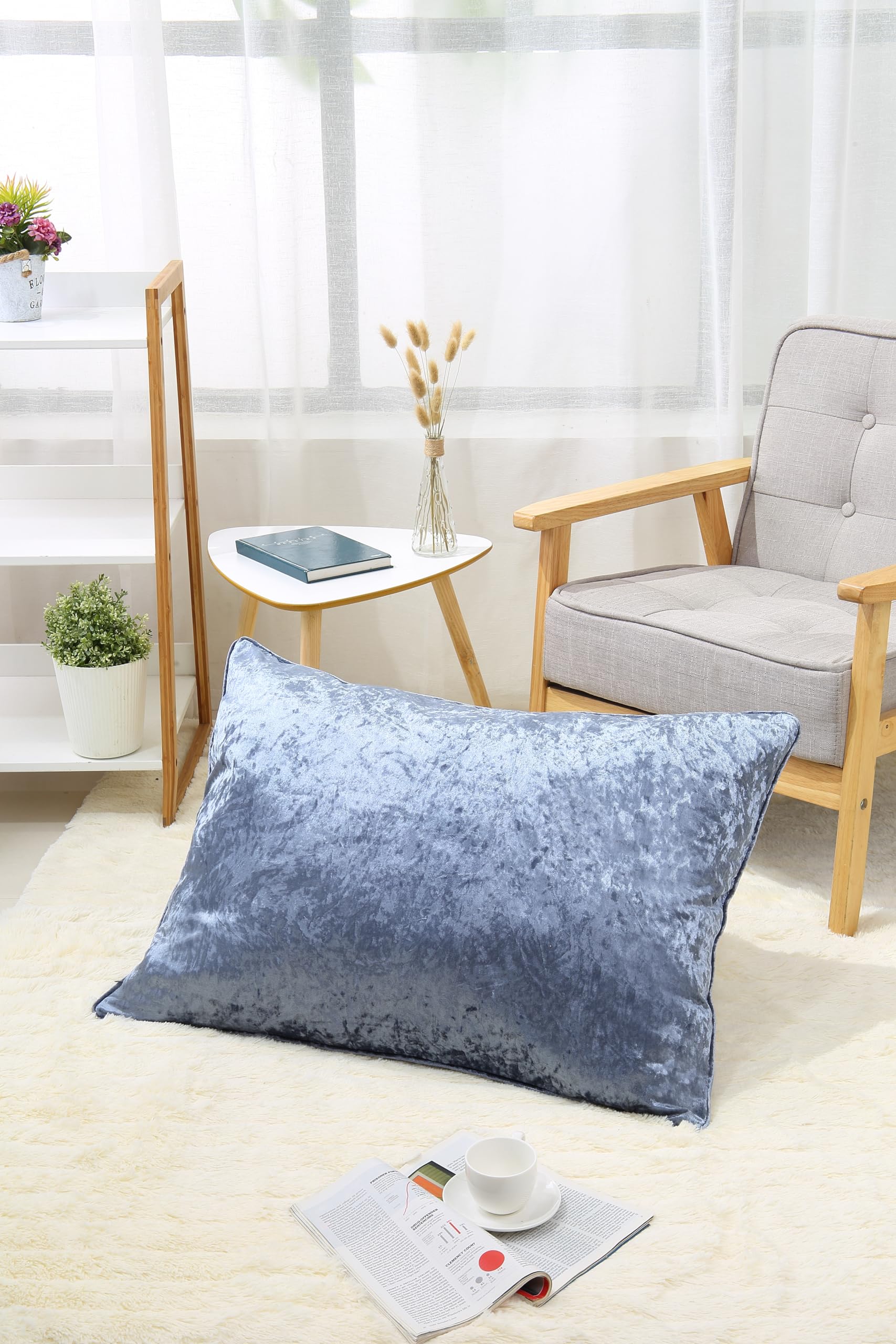 Plain Super Soft Crushed Velvet Filled Cushions for Sofa Bed Living Room Bedroom Home Couch Decorative Cushions Pillows Invisible Zipper with Removable Inner Pad (Grey, 60x80cm)