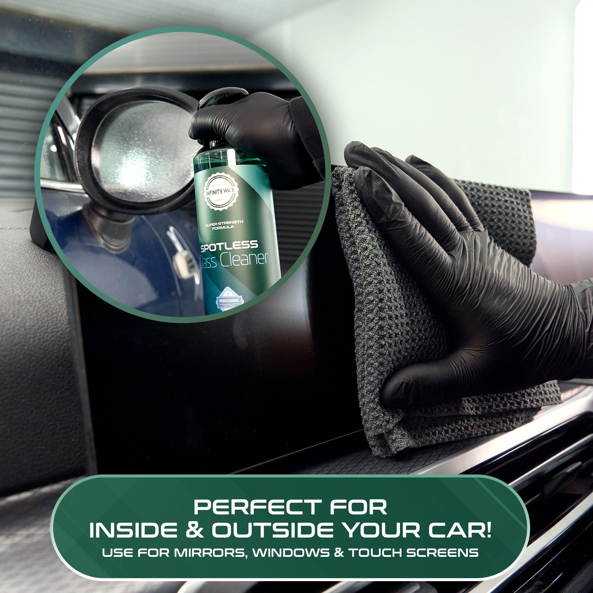 Infinity Wax Streak-Free Glass Cleaner 1L - Limpiador de Cristales de Coche sin Rayas, antiestático, Secado rápido, Elimina Huellas, Grasa y película de vapeo, Interior y Exterior.