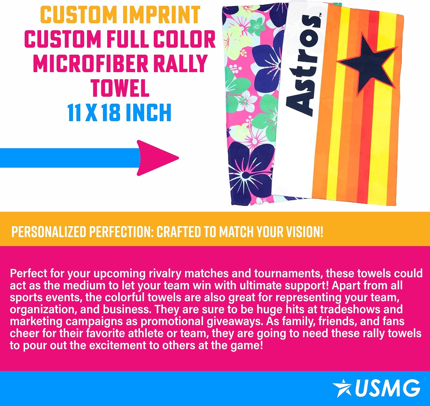 USMG Custom Full Color Microfiber Rally Towel 11x18 – Personalized Sports Spirit Towel for Events, Teams & Marketing (Black, Qty 50)