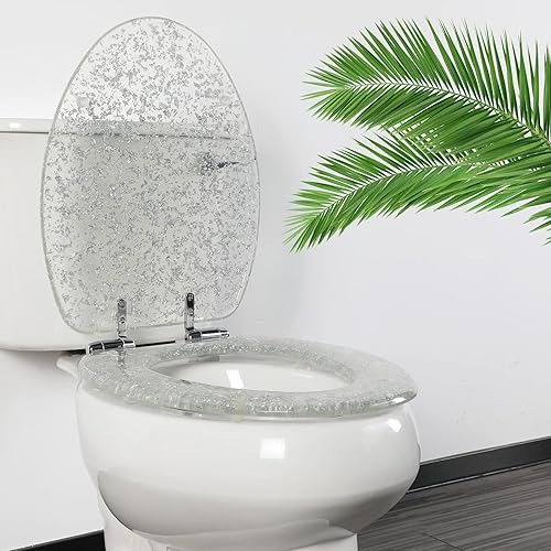 Miniatura 2 de Asiento de inodoro de resina alargado de cierre suave, asientos de inodoro resistentes de liberación rápida con cubierta de purpurina, asientos