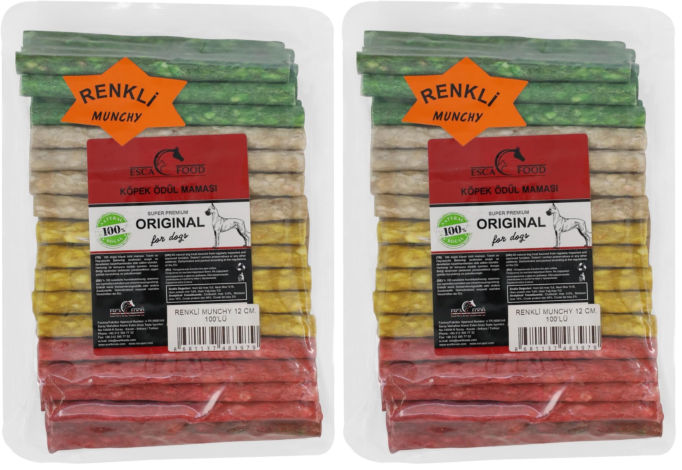 Esca Food Munchy Çubuk Renkli İnce 12 Santimetre 100'lü Köpek Ödül Maması (2 paketi)