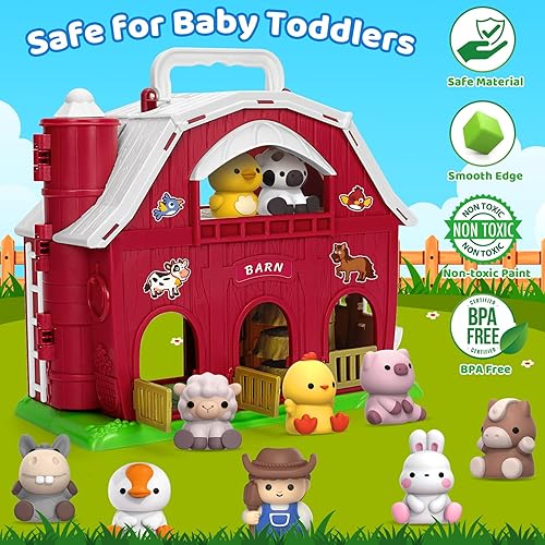 Miniatura 4 de Aigybobo Big Red Barn Farm Animal Playset para niños pequeños de 1 a 3 años, juguete de granero con 9 animales y 1 granjero, juguetes de aprendizaje